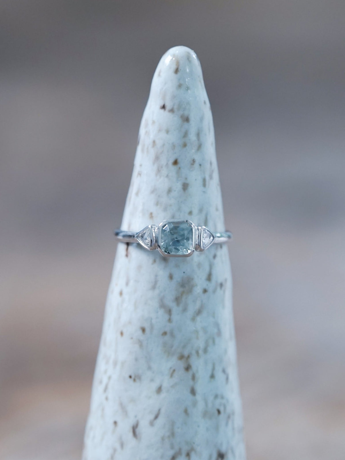 Green Sapphire and Triangle Diamond Ring in Ethical White Gold - Gardens of the Sun | Ethical Jewelry