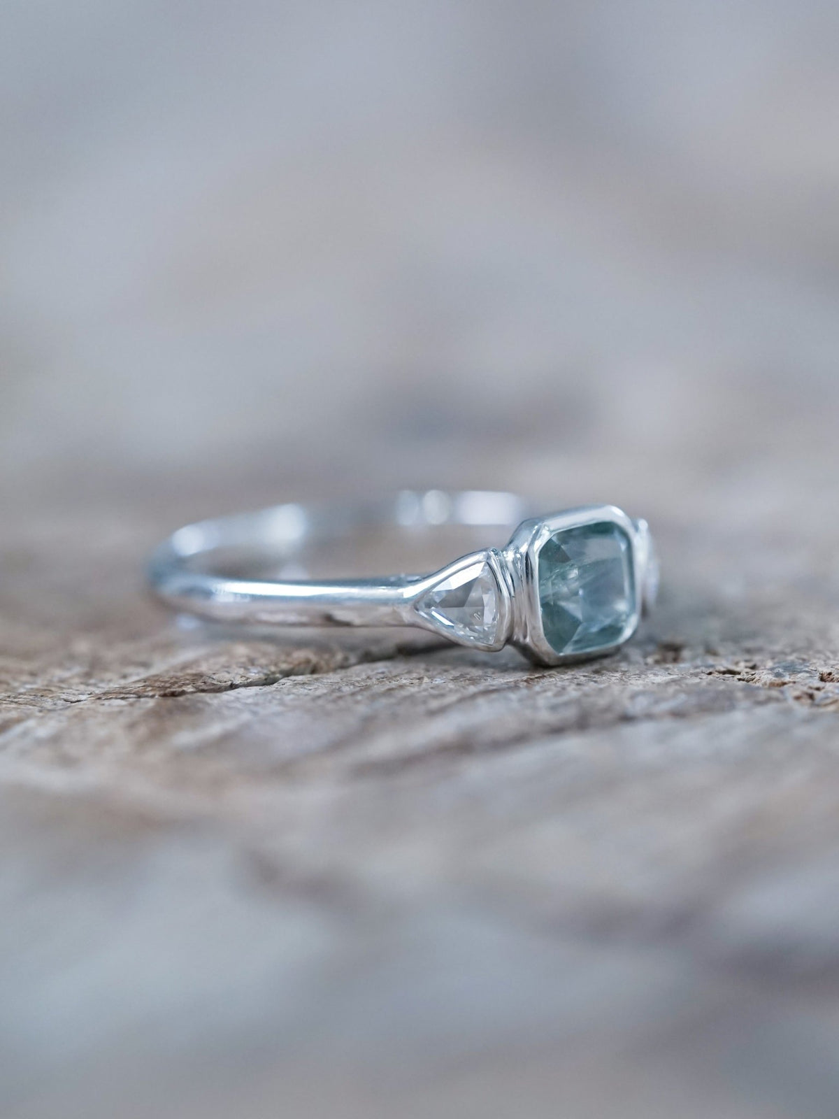 Green Sapphire and Triangle Diamond Ring in Ethical White Gold - Gardens of the Sun | Ethical Jewelry