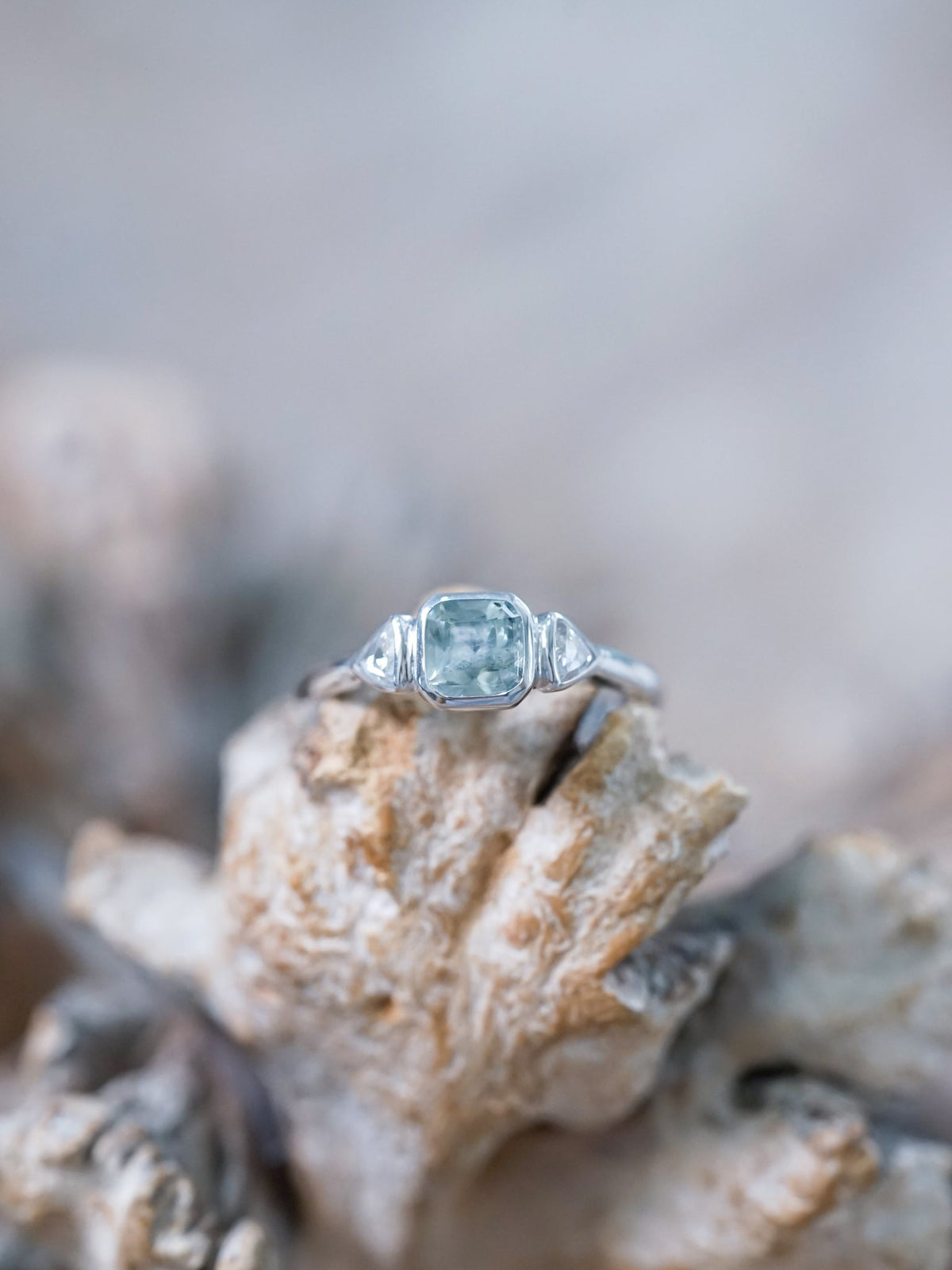 Green Sapphire and Triangle Diamond Ring in Ethical White Gold - Gardens of the Sun | Ethical Jewelry