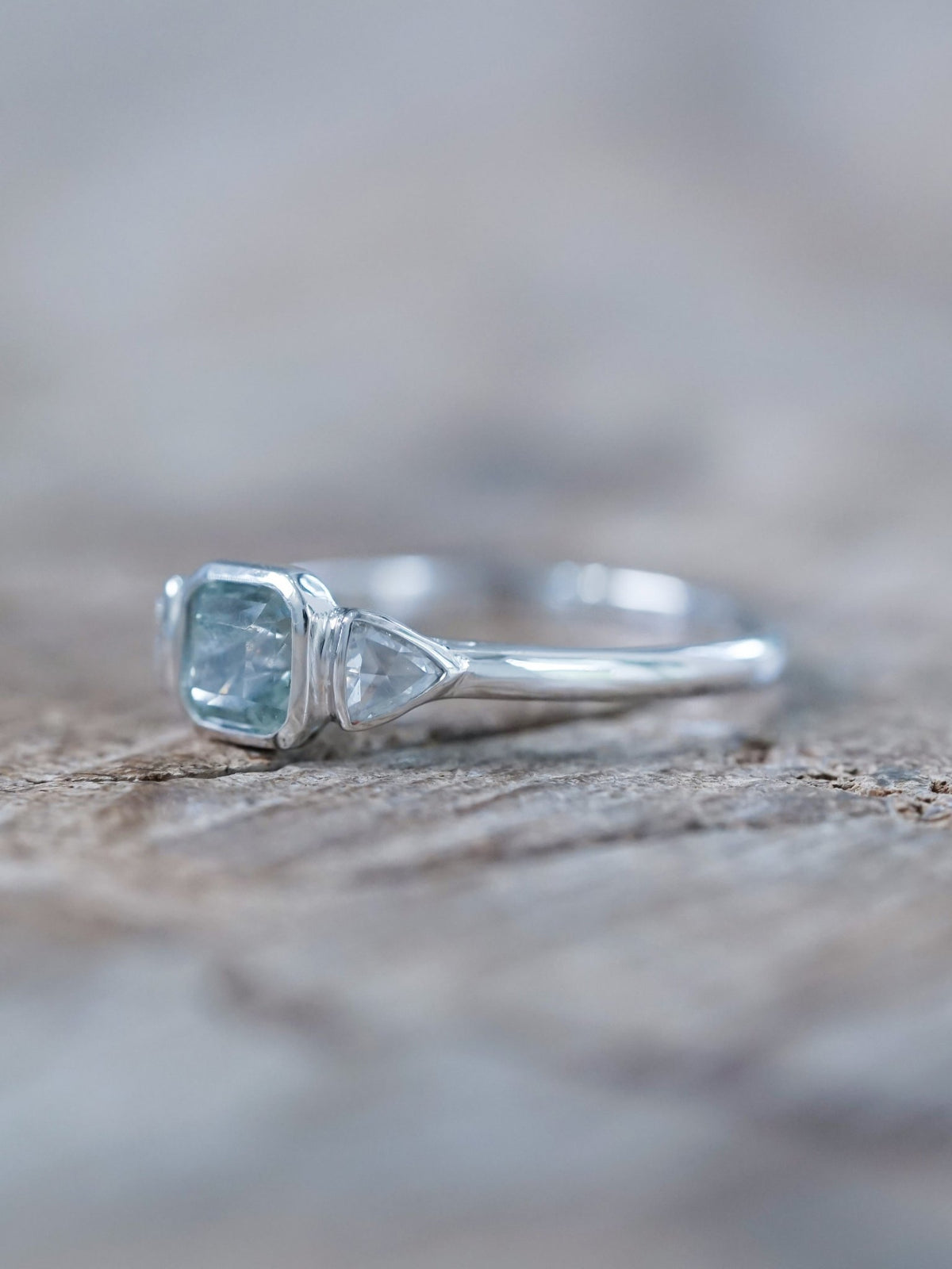 Green Sapphire and Triangle Diamond Ring in Ethical White Gold - Gardens of the Sun | Ethical Jewelry