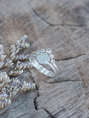 Hexagon Aquamarine and Moonstone Ring Set - Gardens of the Sun | Ethical Jewelry