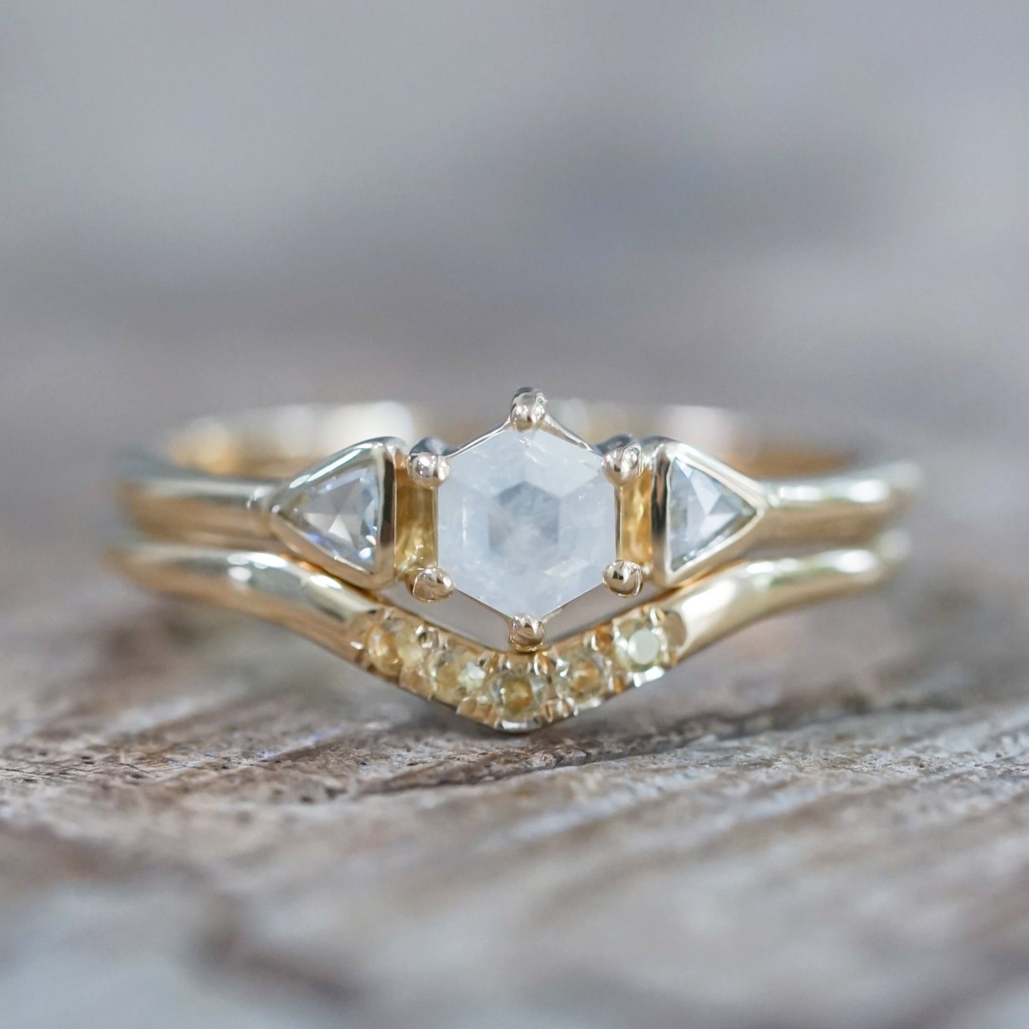 Hexagon Diamond and Yellow Sapphire Ring Set in Ethical Gold - Gardens of the Sun | Ethical Jewelry