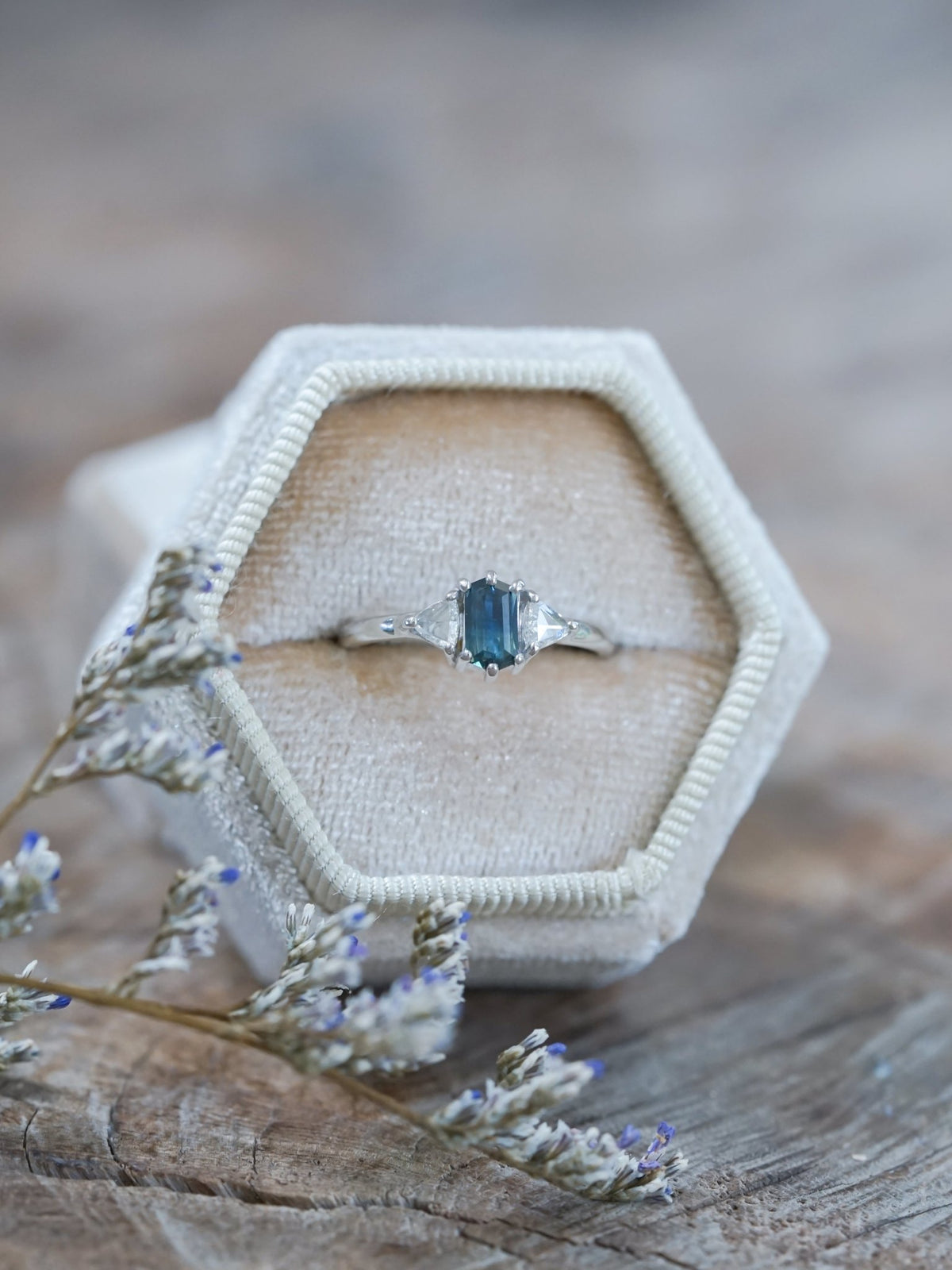 Hexagon Montana Sapphire and Diamond Ring in White Gold - Gardens of the Sun | Ethical Jewelry