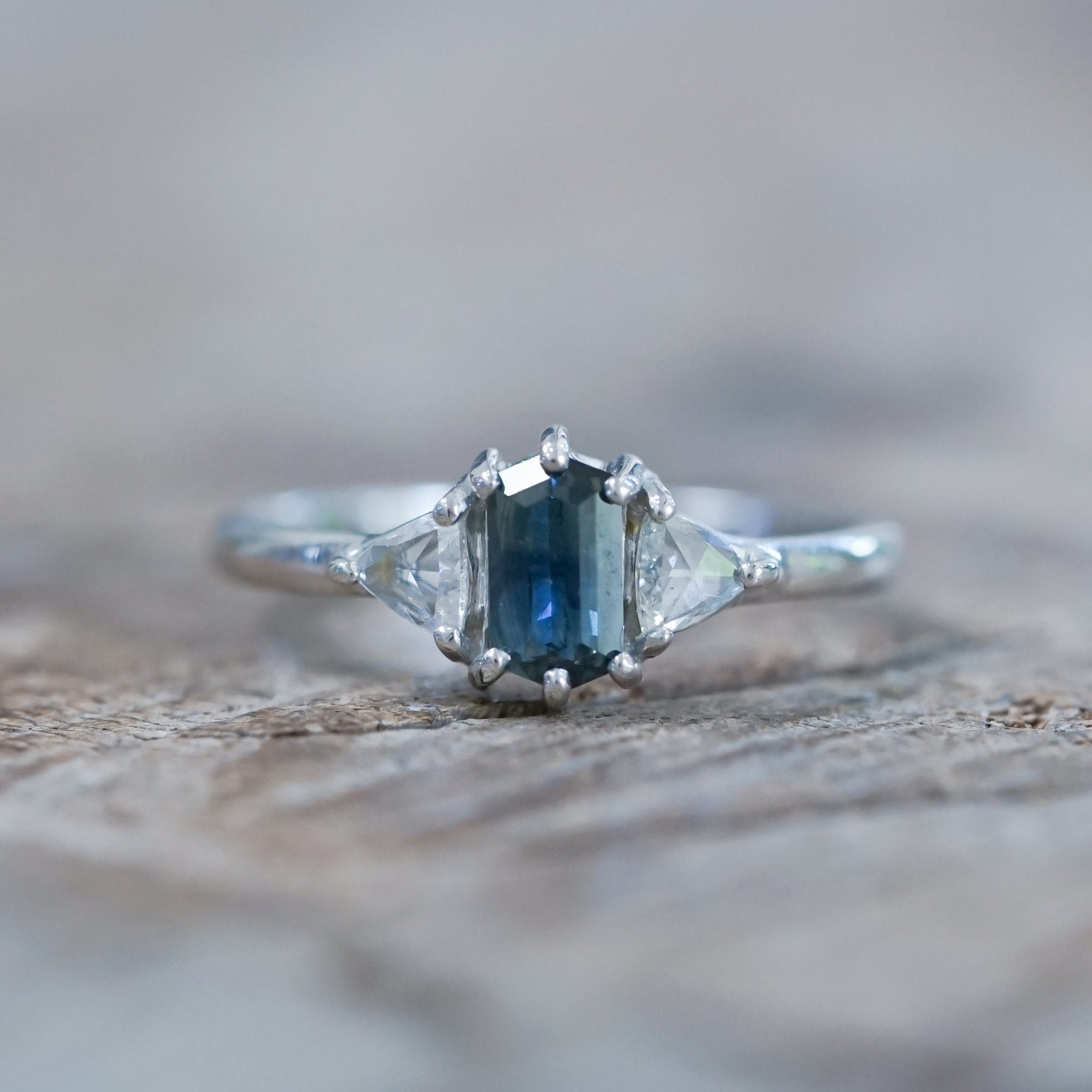 Hexagon Montana Sapphire and Diamond Ring in White Gold Size