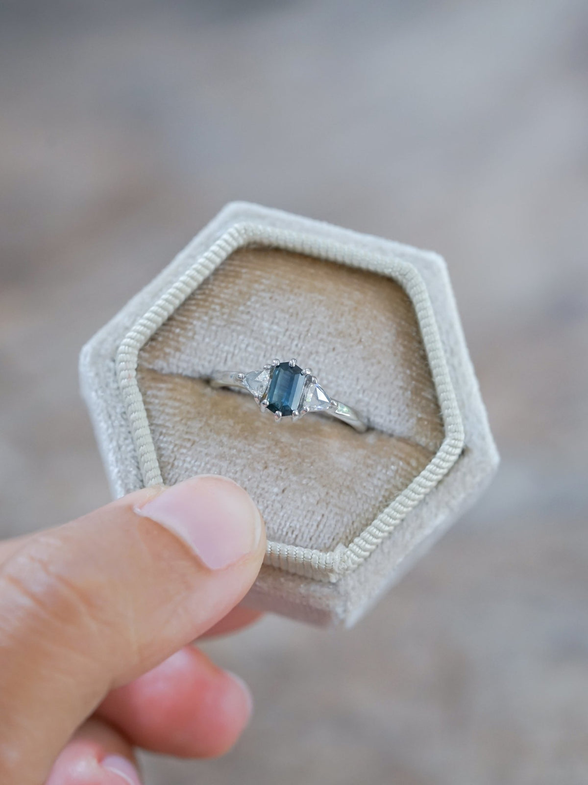 Hexagon Montana Sapphire and Diamond Ring in White Gold - Gardens of the Sun | Ethical Jewelry