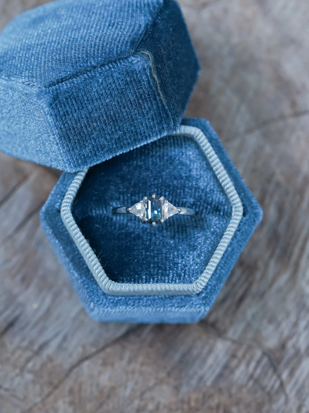 Hexagon Montana Sapphire and Diamond Ring in White Gold - Gardens of the Sun | Ethical Jewelry