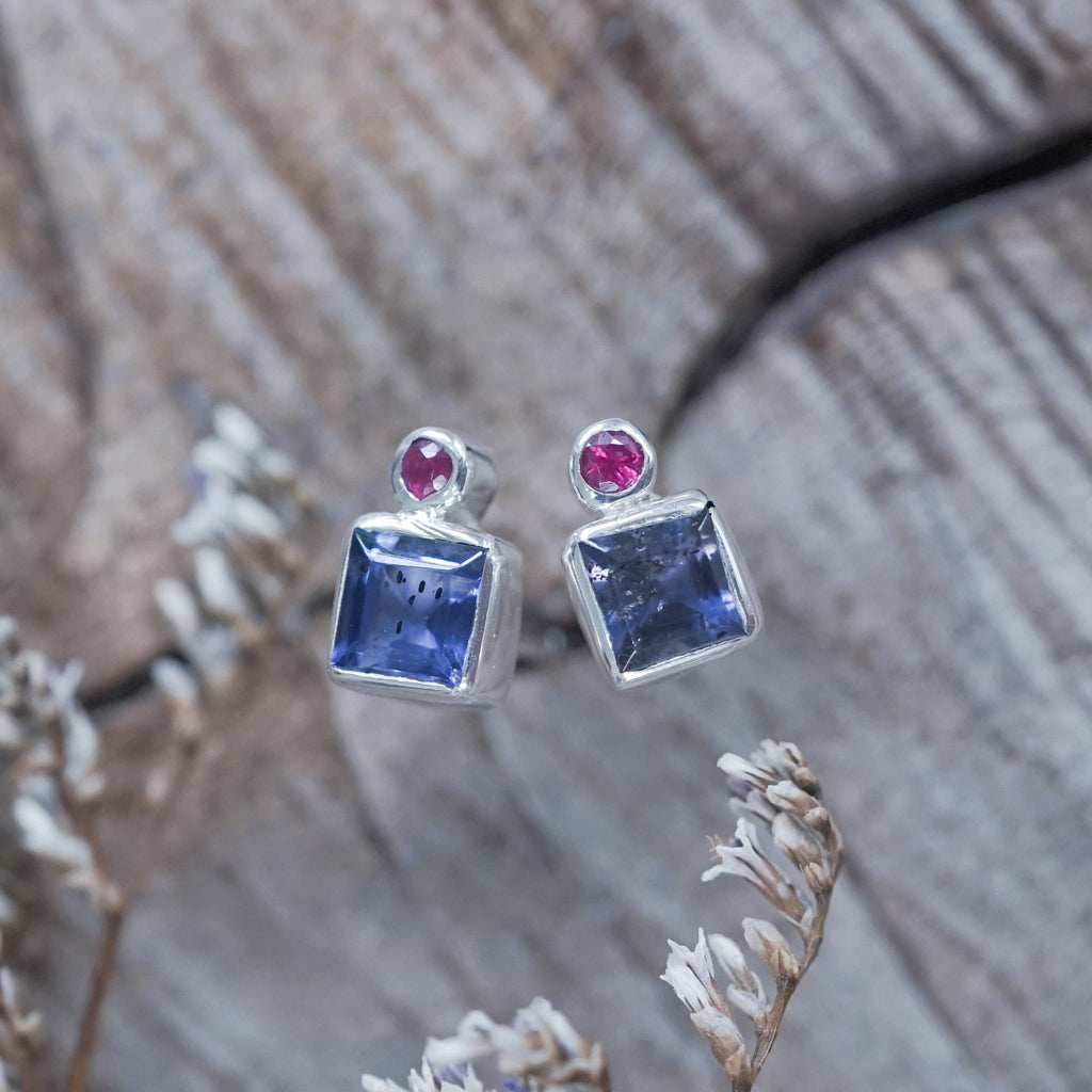 Iolite and Ruby Earrings - Gardens of the Sun | Ethical Jewelry