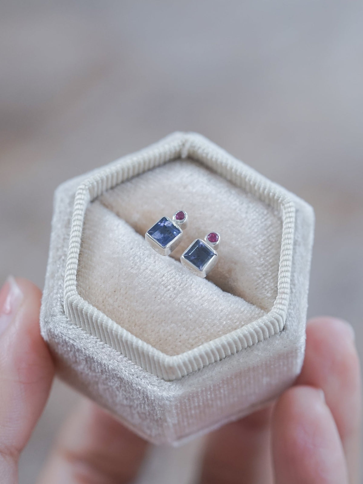 Iolite and Ruby Earrings - Gardens of the Sun | Ethical Jewelry