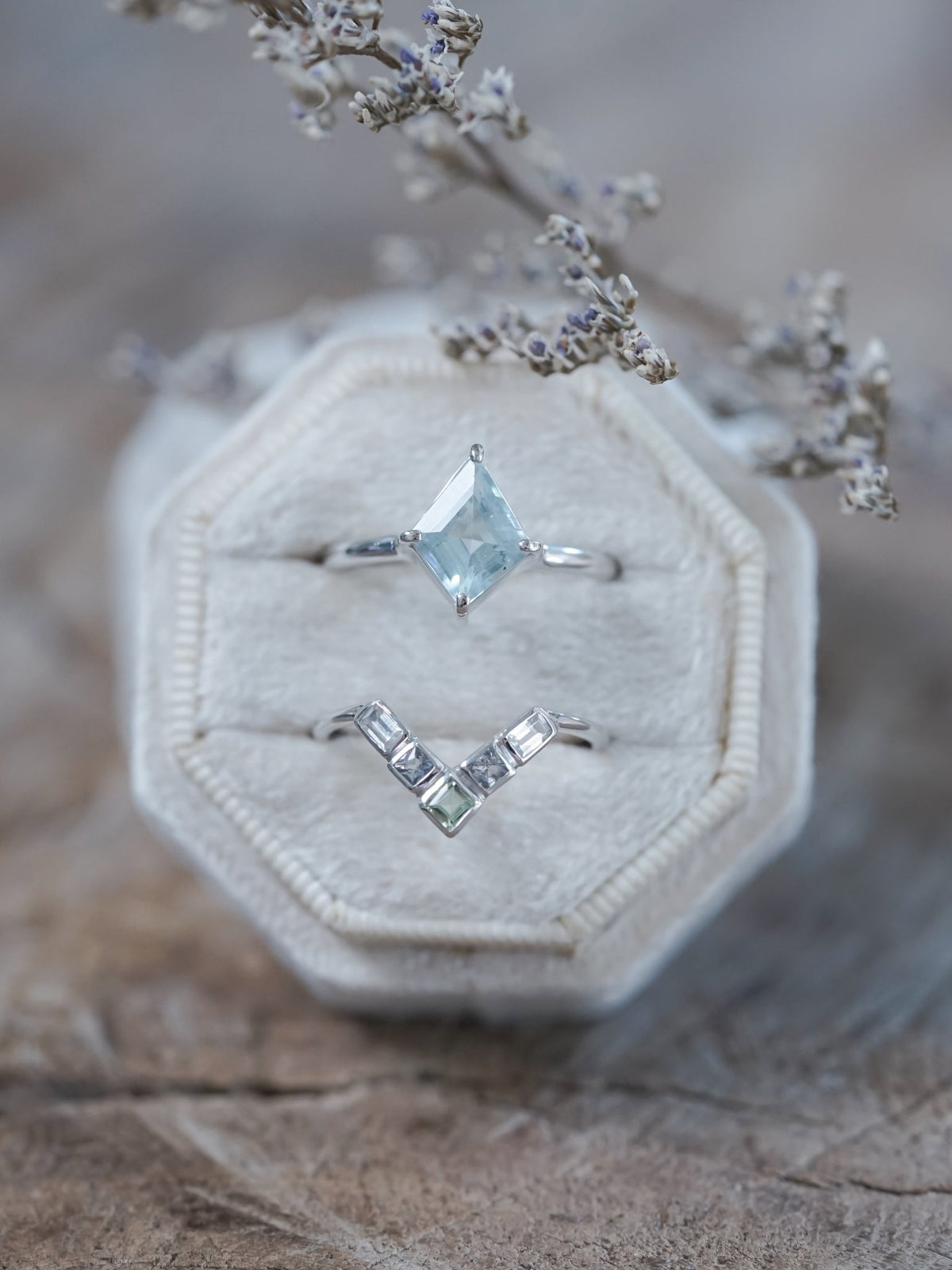 Kite Aquamarine, Spinel and Zircon Ring Set in Ethical White Gold - Gardens of the Sun | Ethical Jewelry