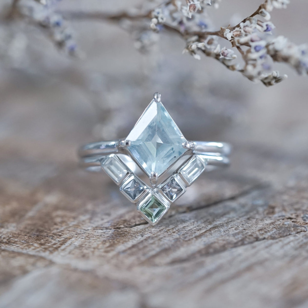 Kite Aquamarine, Spinel and Zircon Ring Set in Ethical White Gold - Gardens of the Sun | Ethical Jewelry