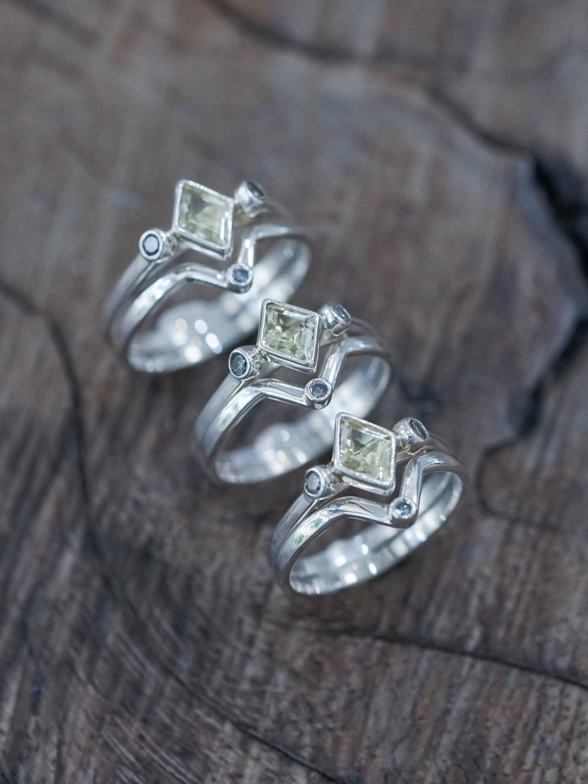 Kite Beryl and Salt and Pepper Diamond Ring Stack - Gardens of the Sun | Ethical Jewelry