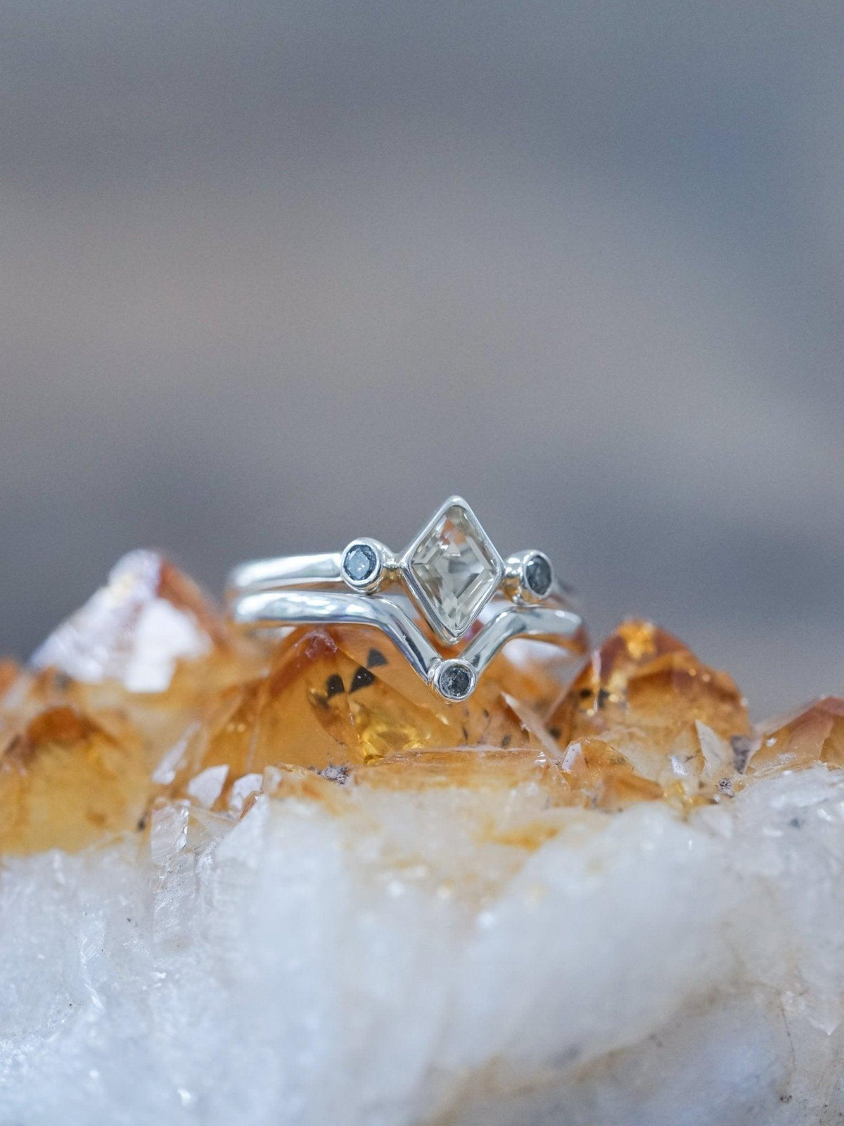 Kite Beryl and Salt and Pepper Diamond Ring Stack - Gardens of the Sun | Ethical Jewelry