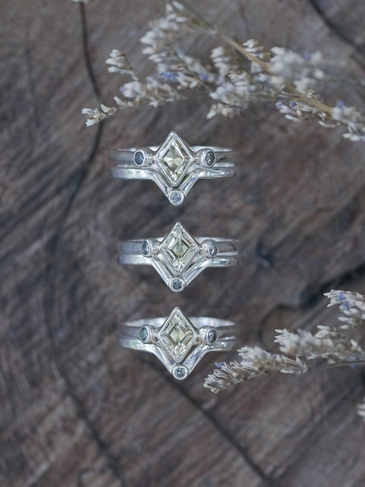 Kite Beryl and Salt and Pepper Diamond Ring Stack - Gardens of the Sun | Ethical Jewelry