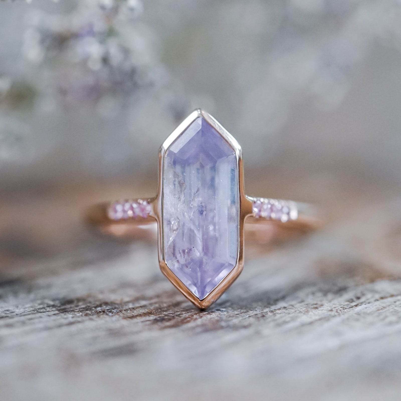 Lavender Hexagon Sapphire Ring in Ethical Rose Gold - Gardens of the Sun | Ethical Jewelry