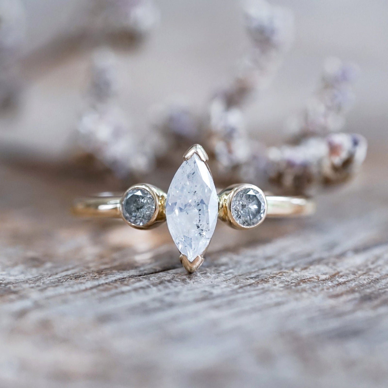Marquise Salt and Pepper Diamond Ring in Ethical Gold - Gardens of the Sun | Ethical Jewelry