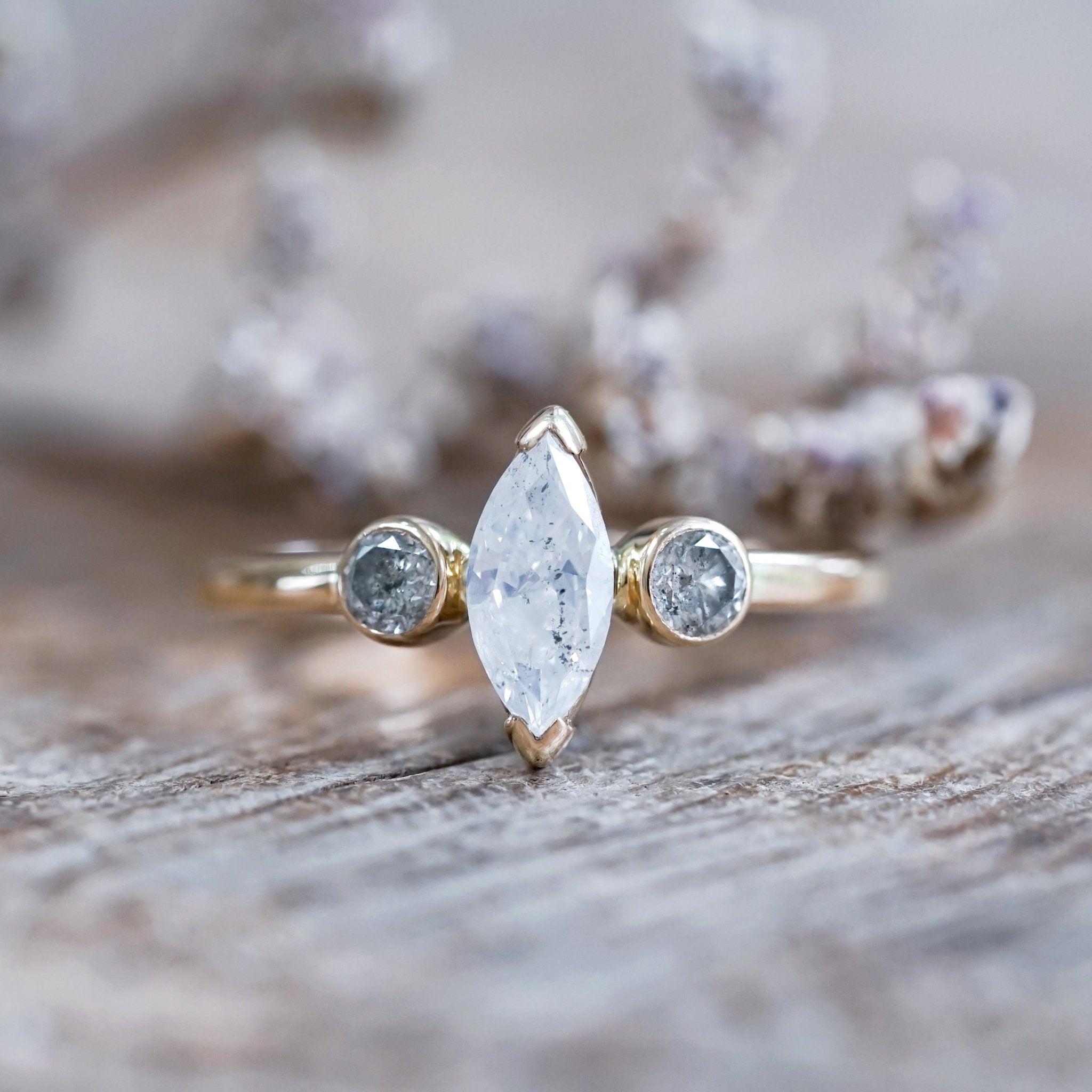 Marquise Salt and Pepper Diamond Ring in Ethical Gold - Gardens of