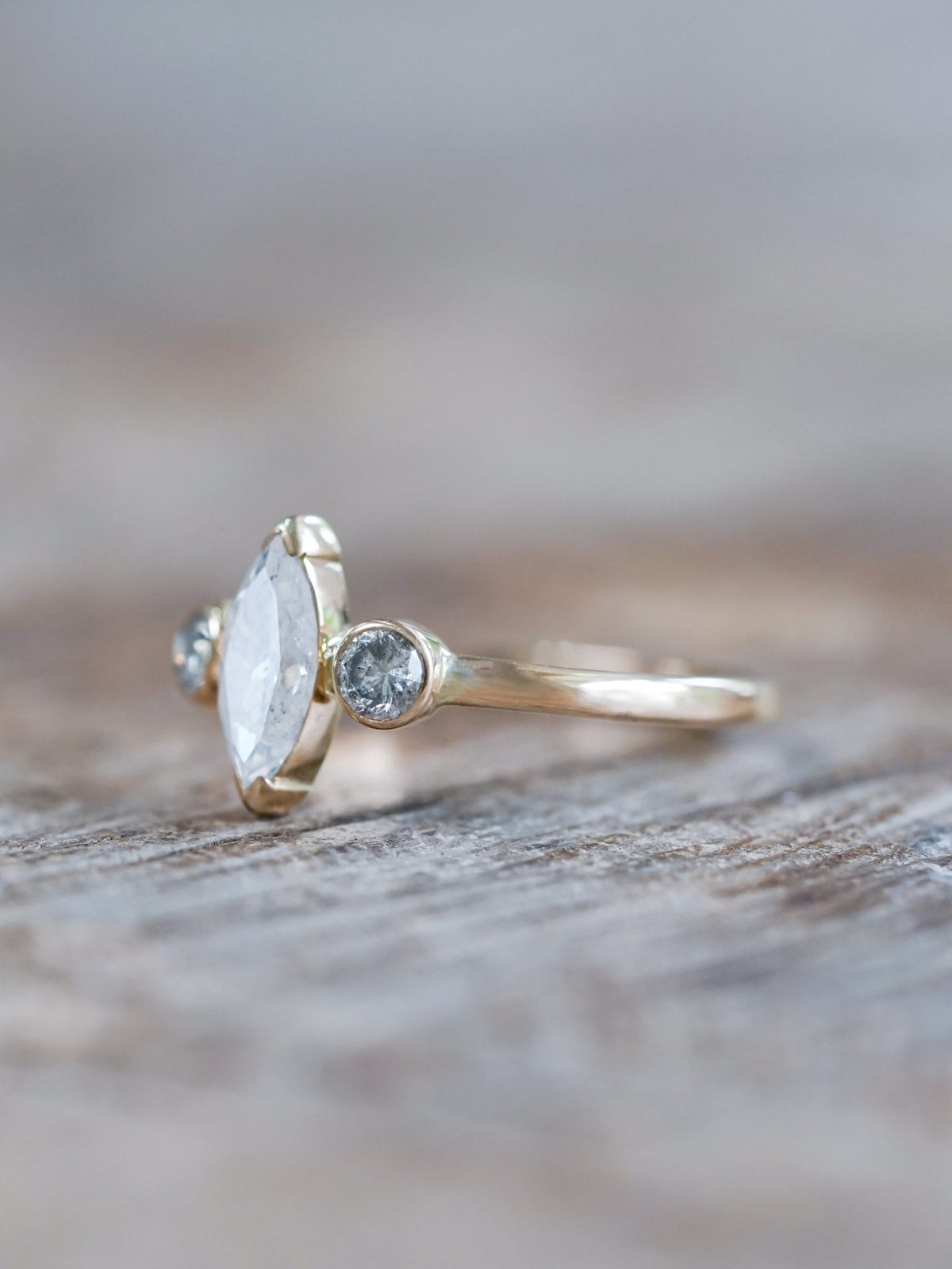 Marquise Salt and Pepper Diamond Ring in Ethical Gold - Gardens of the Sun | Ethical Jewelry