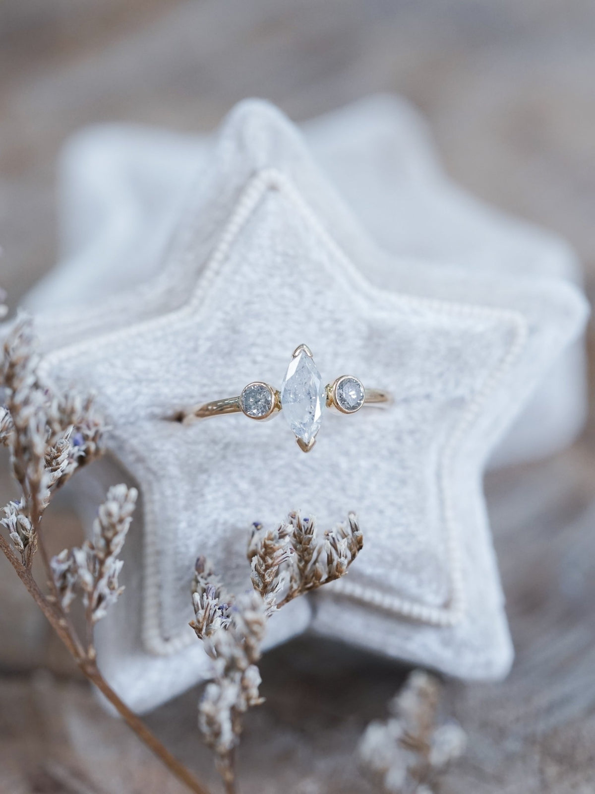 Marquise Salt and Pepper Diamond Ring in Ethical Gold - Gardens of the Sun | Ethical Jewelry