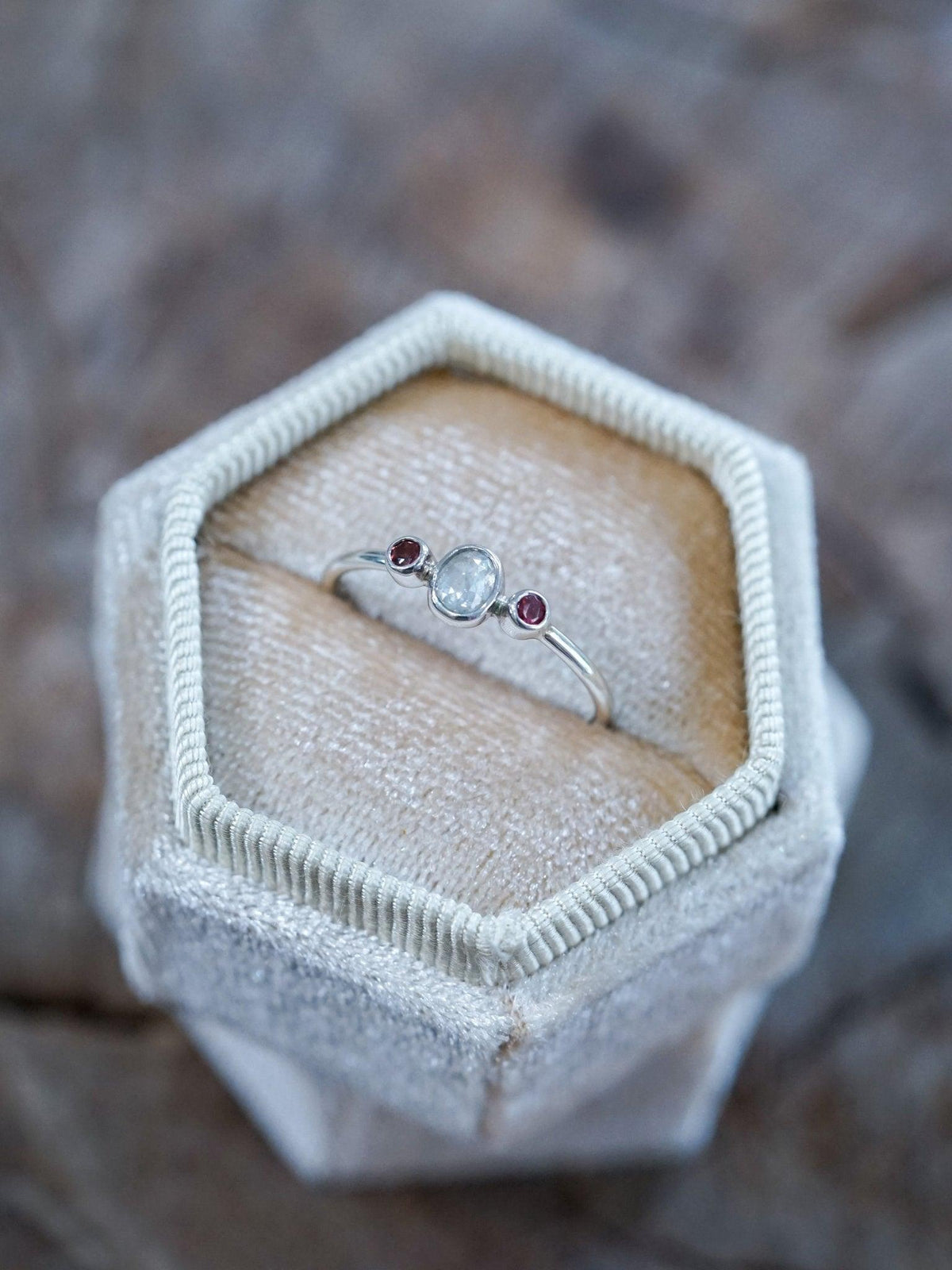 Milky Diamond and Garnet Ring - Gardens of the Sun | Ethical Jewelry