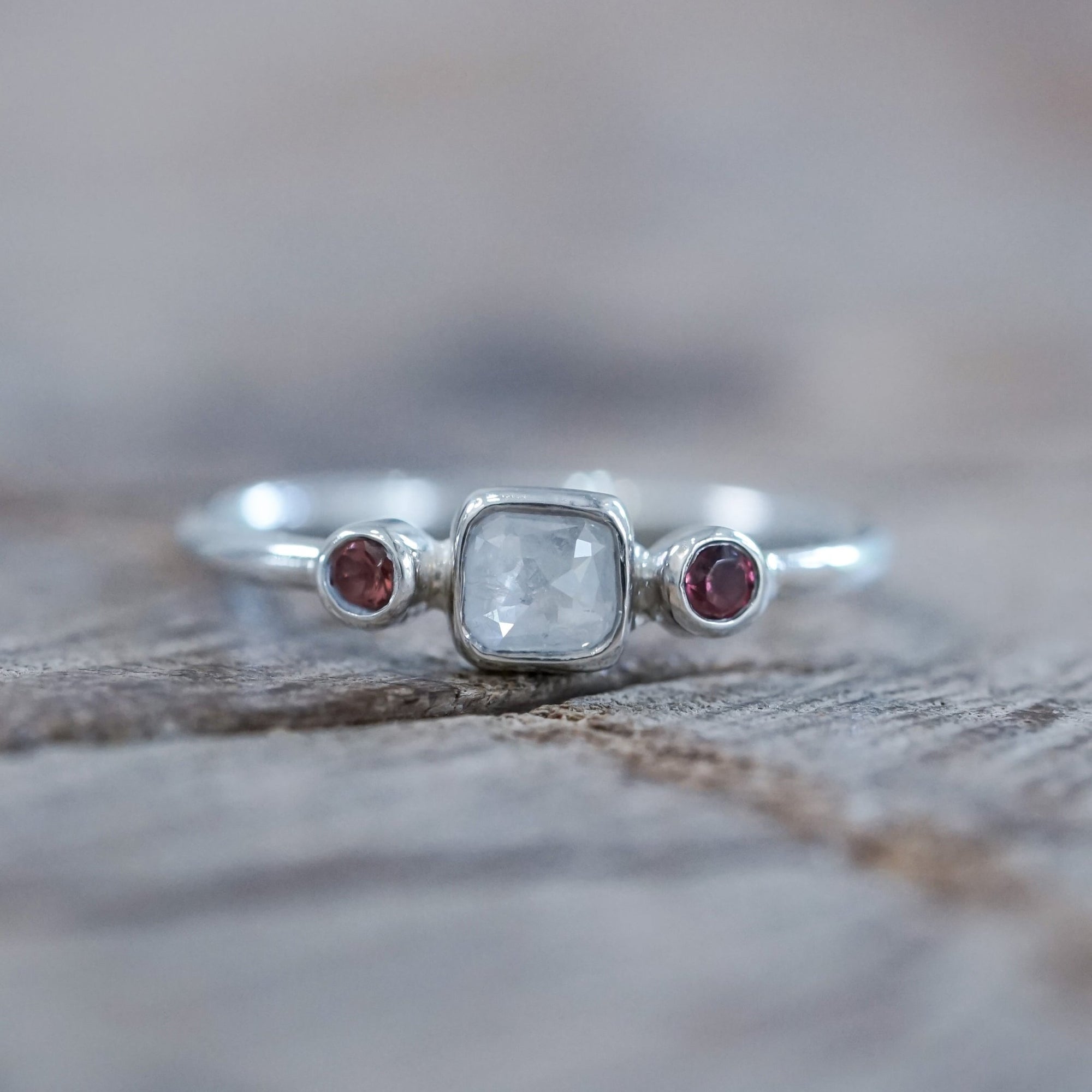 Milky Diamond and Garnet Ring - Gardens of the Sun | Ethical Jewelry