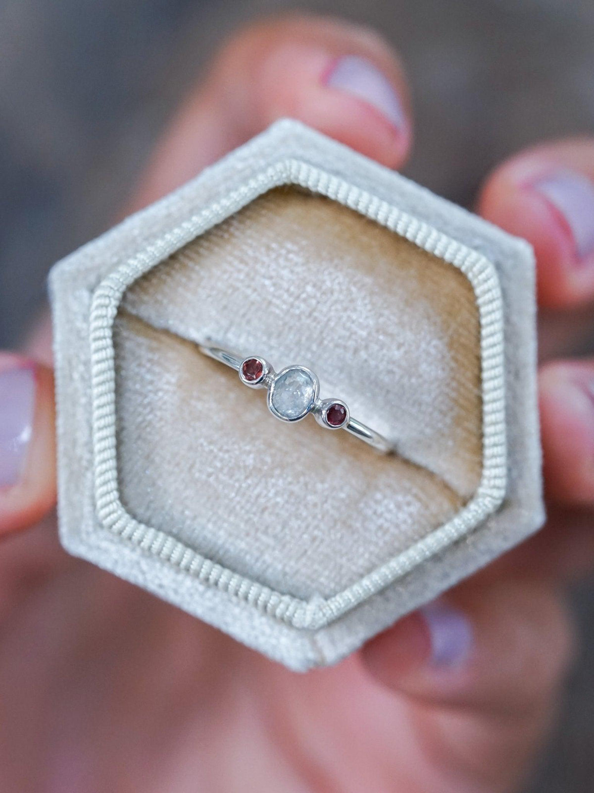 Milky Diamond and Garnet Ring - Gardens of the Sun | Ethical Jewelry