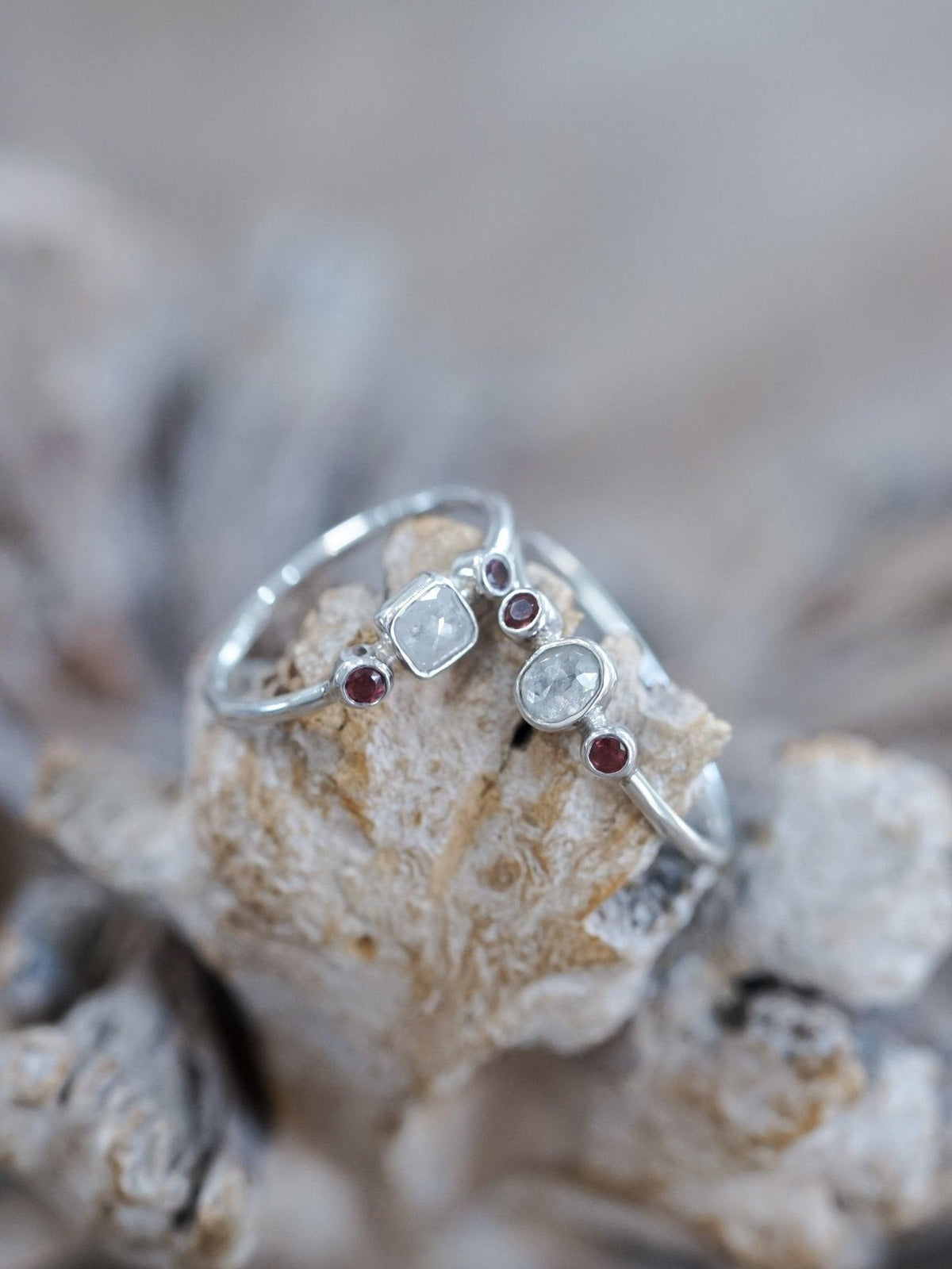Milky Diamond and Garnet Ring - Gardens of the Sun | Ethical Jewelry