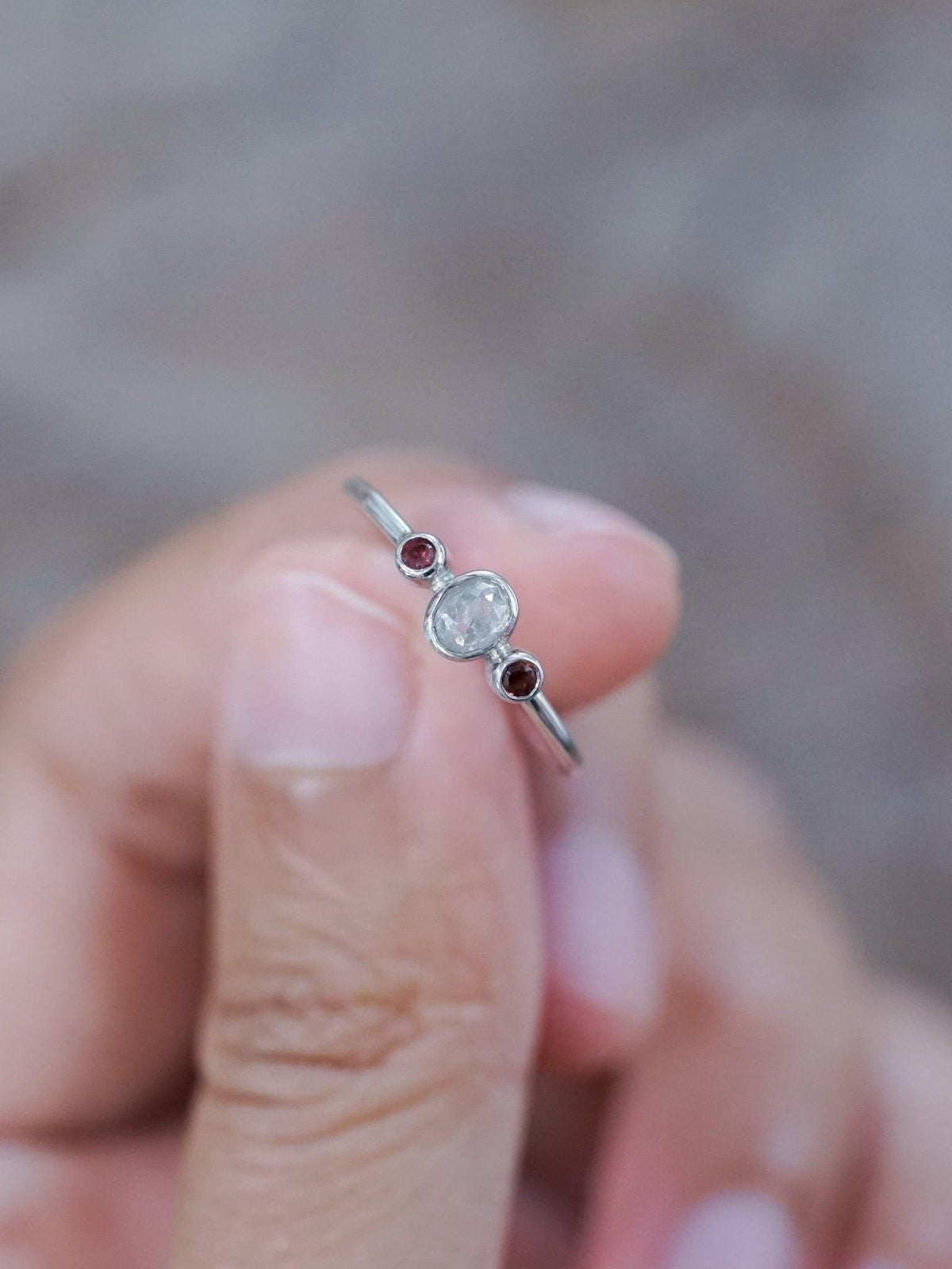 Milky Diamond and Garnet Ring - Gardens of the Sun | Ethical Jewelry