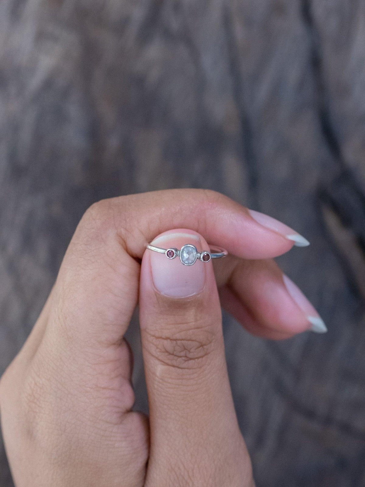 Milky Diamond and Garnet Ring - Gardens of the Sun | Ethical Jewelry