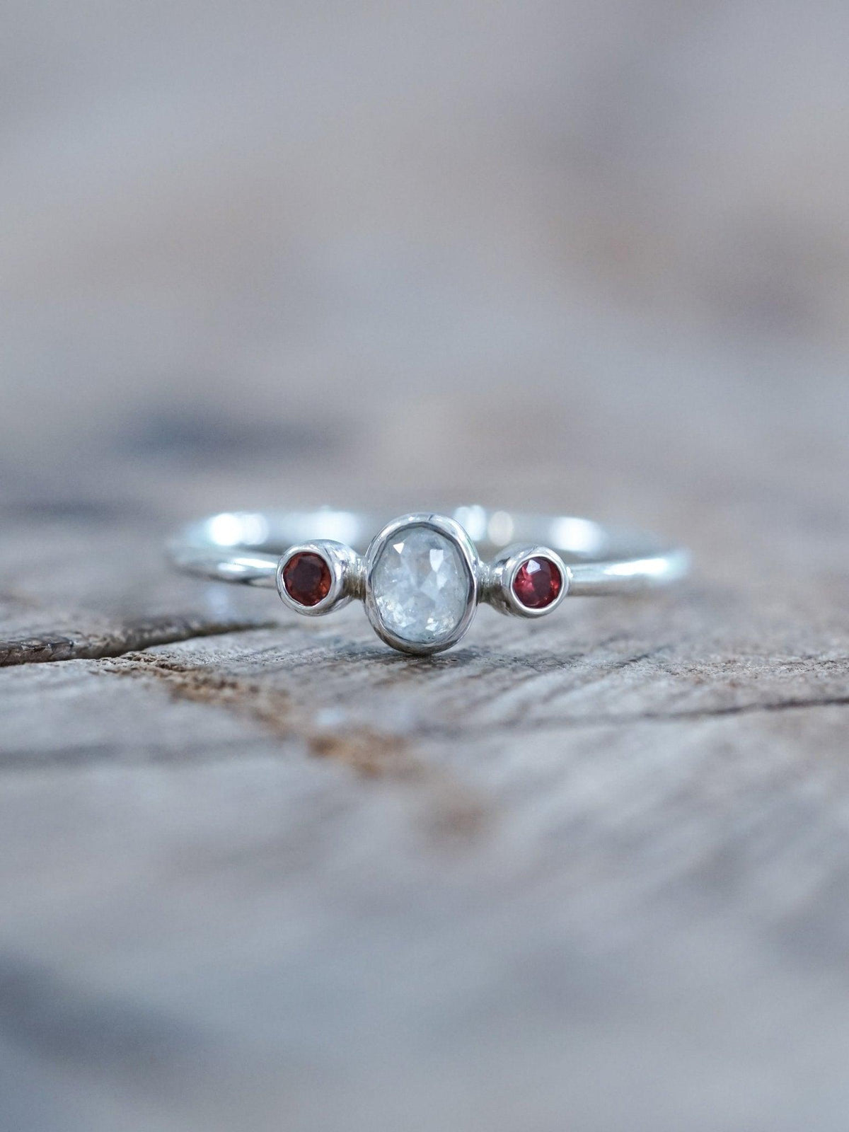 Milky Diamond and Garnet Ring - Gardens of the Sun | Ethical Jewelry