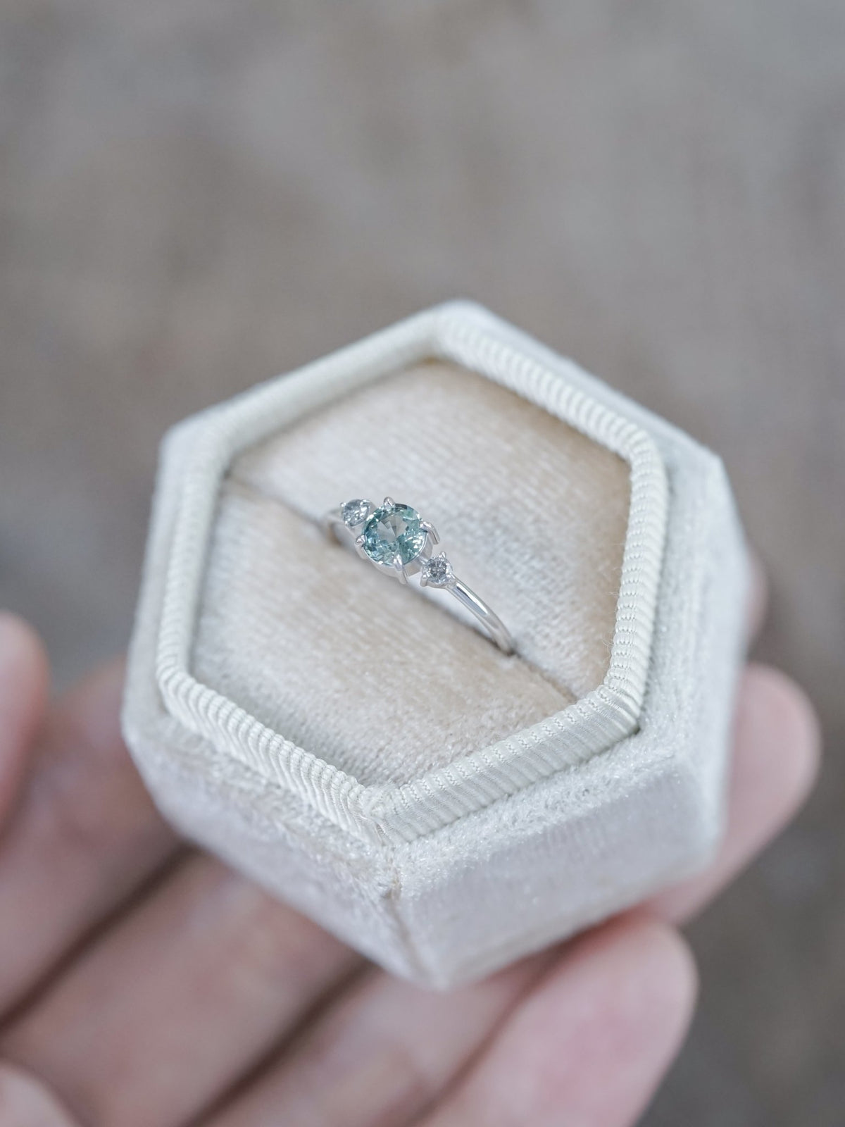 Mint Sapphire and Diamond Ring in Eco White Gold - Gardens of the Sun | Ethical Jewelry