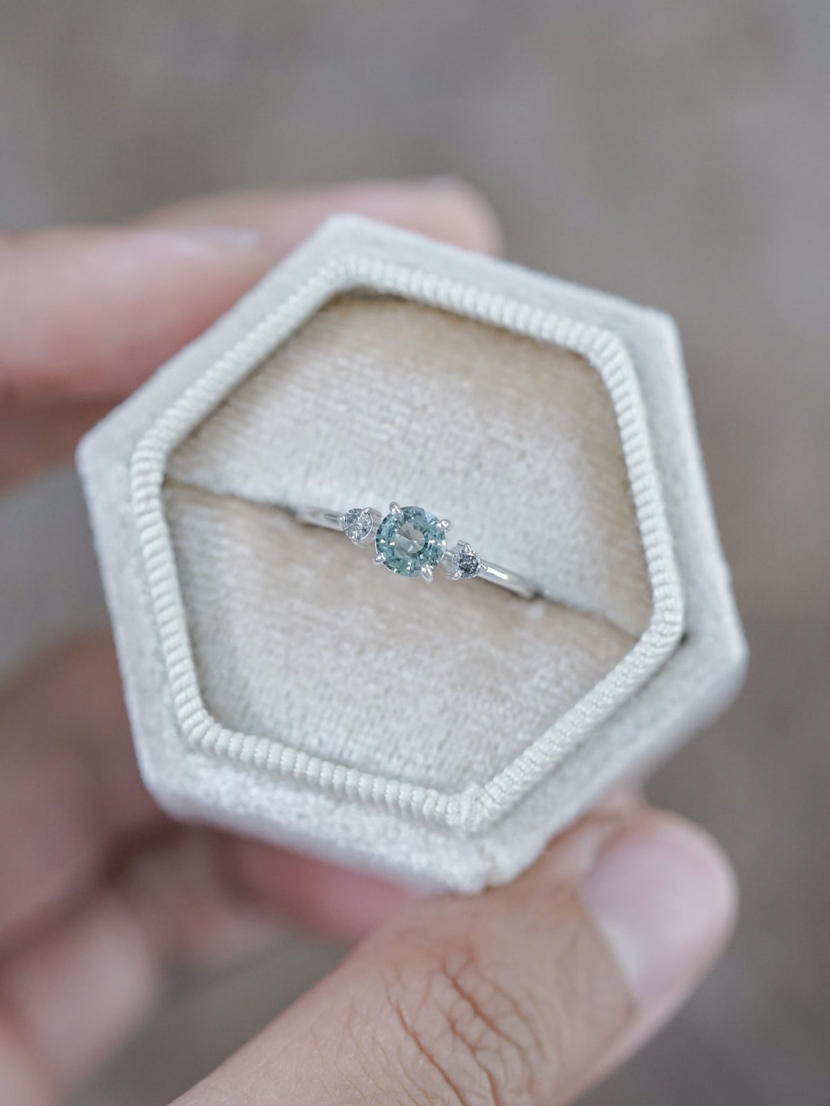 Mint Sapphire and Diamond Ring in Eco White Gold - Gardens of the Sun | Ethical Jewelry