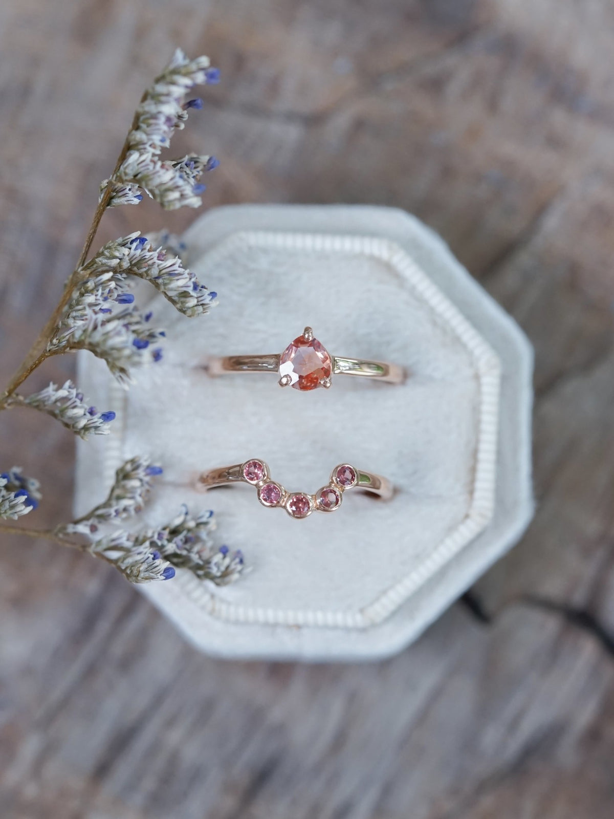 Montana Sapphire and Spinel Ring Set in Ethical Rose Gold - Gardens of the Sun | Ethical Jewelry