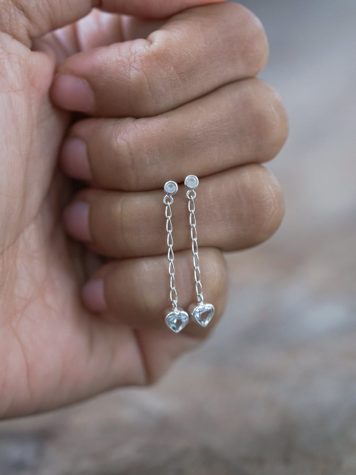 Moonstone and Aquamarine Heart Earrings - Gardens of the Sun | Ethical Jewelry