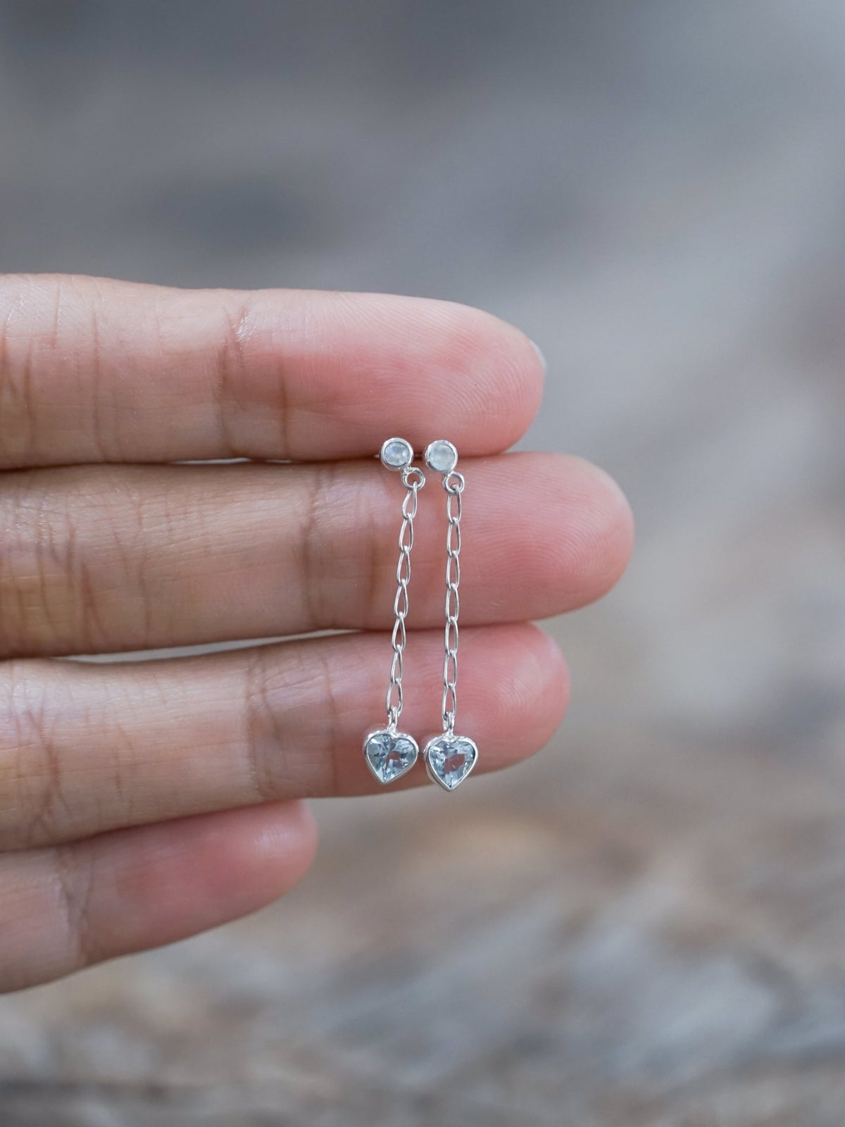 Moonstone and Aquamarine Heart Earrings - Gardens of the Sun | Ethical Jewelry
