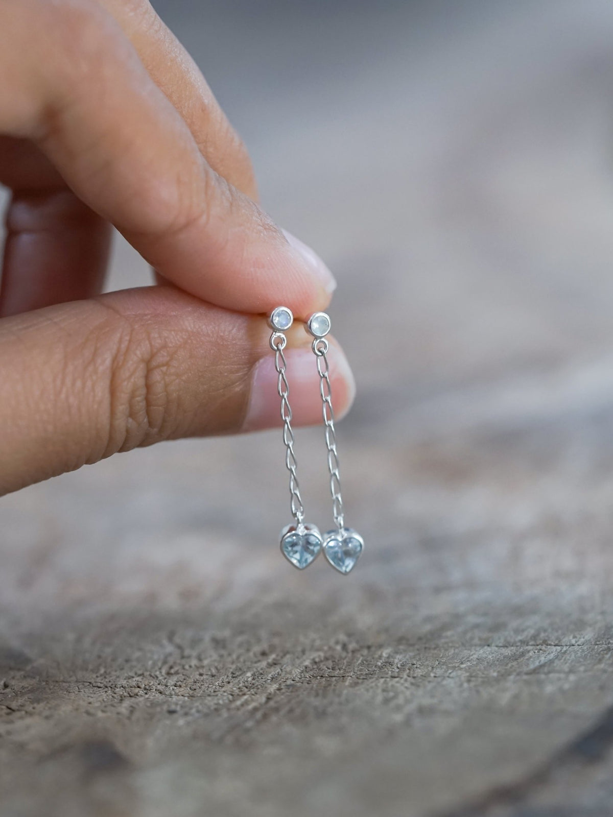 Moonstone and Aquamarine Heart Earrings - Gardens of the Sun | Ethical Jewelry