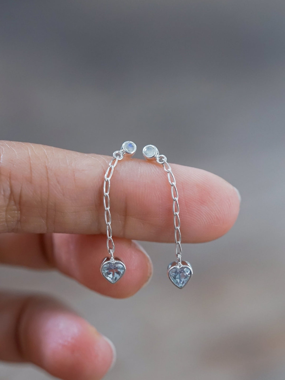 Moonstone and Aquamarine Heart Earrings - Gardens of the Sun | Ethical Jewelry