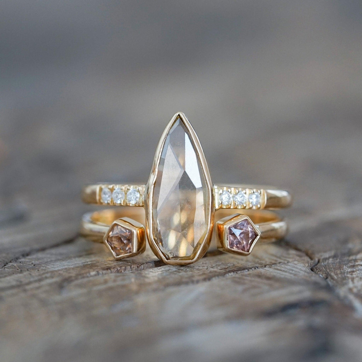 Pear Diamond and Spinel Ring Set in Eco Gold - Gardens of the Sun | Ethical Jewelry