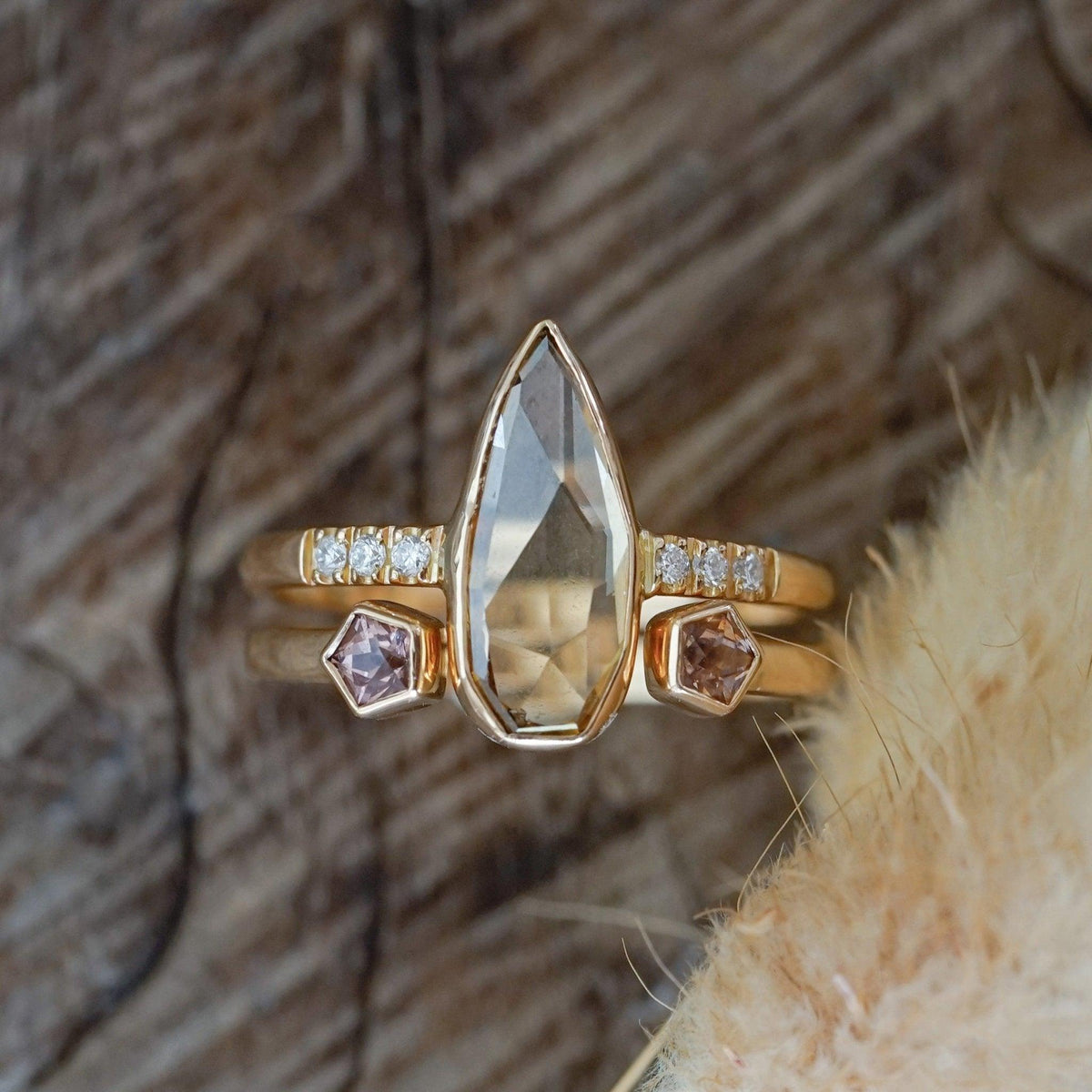 Pear Diamond and Spinel Ring Set in Eco Gold - Gardens of the Sun | Ethical Jewelry