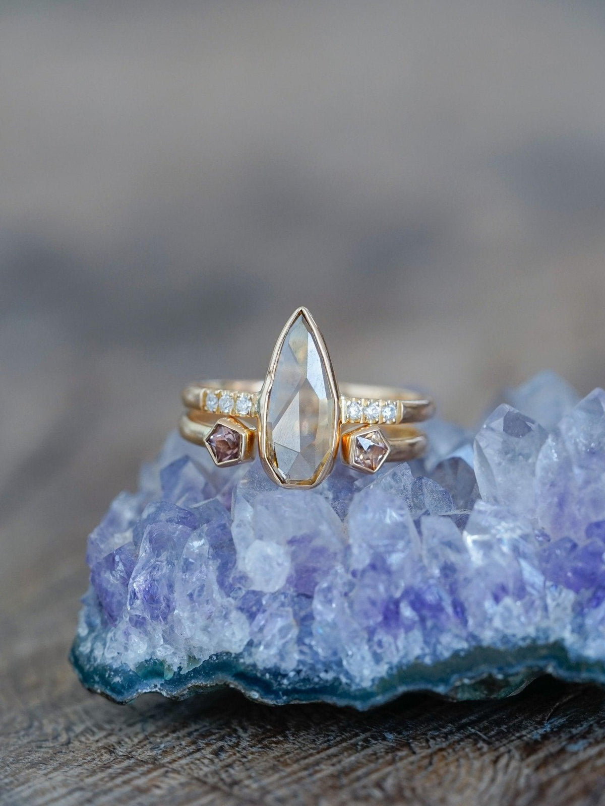 Pear Diamond and Spinel Ring Set in Eco Gold - Gardens of the Sun | Ethical Jewelry