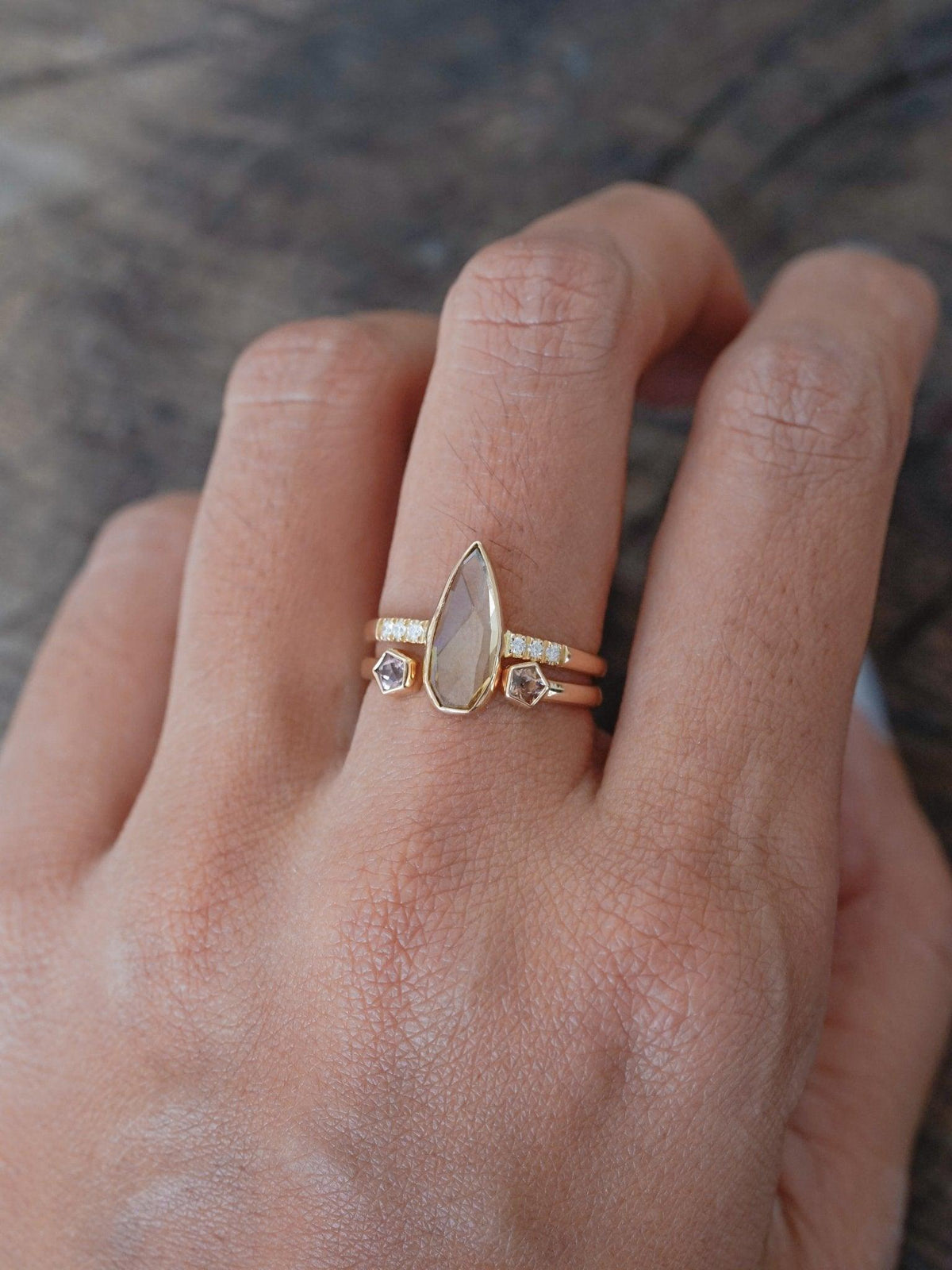 Pear Diamond and Spinel Ring Set in Eco Gold - Gardens of the Sun | Ethical Jewelry