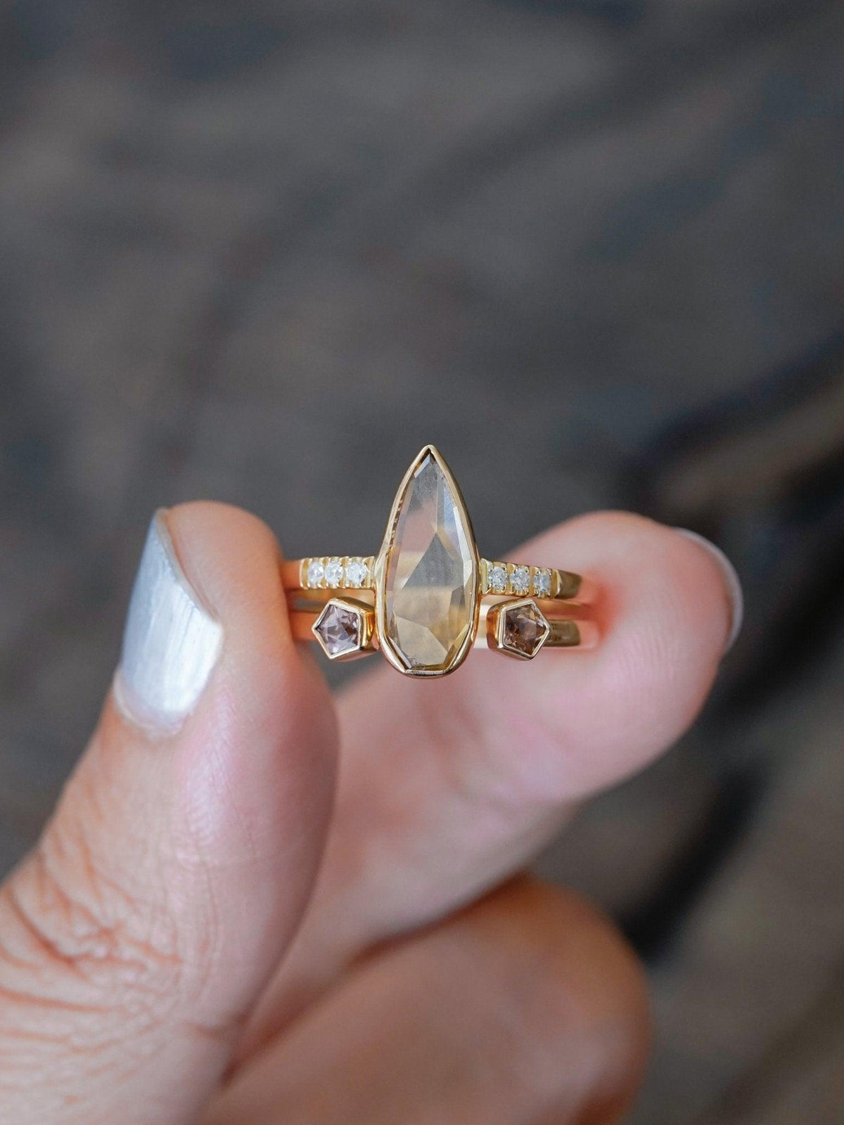 Pear Diamond and Spinel Ring Set in Eco Gold - Gardens of the Sun | Ethical Jewelry