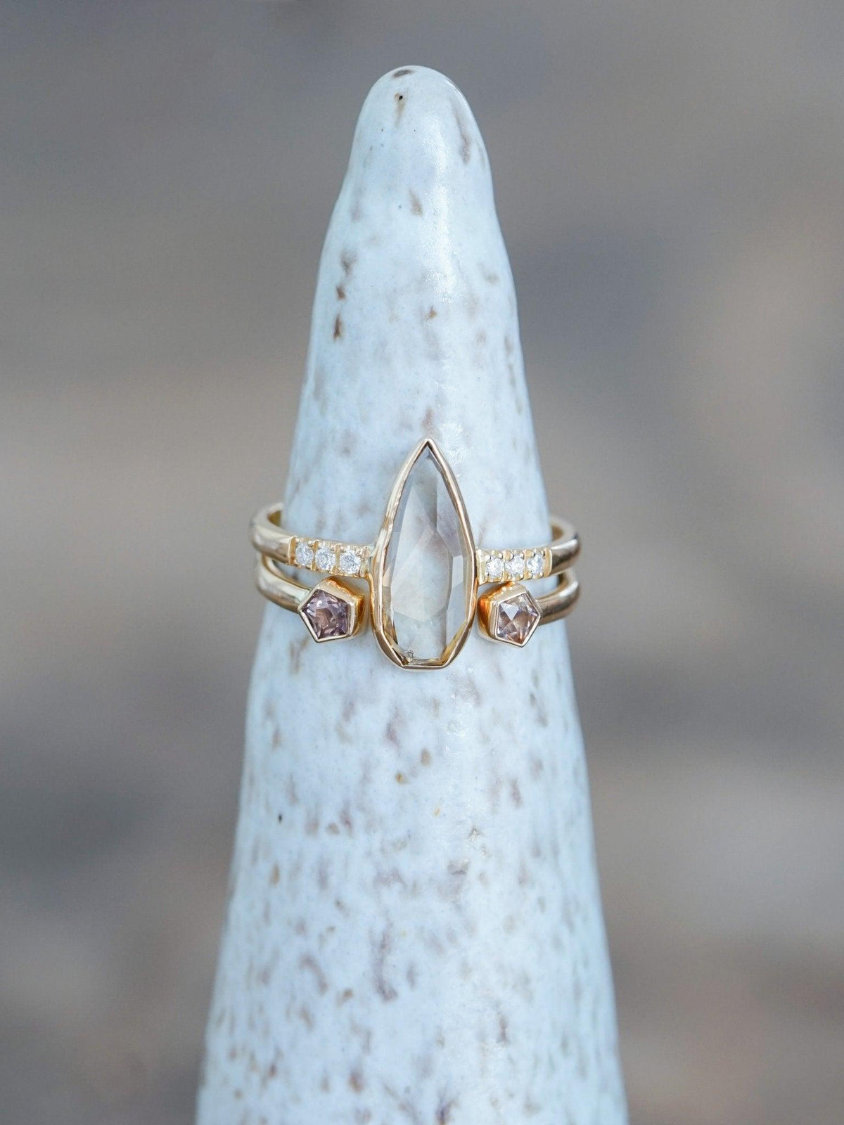 Pear Diamond and Spinel Ring Set in Eco Gold - Gardens of the Sun | Ethical Jewelry