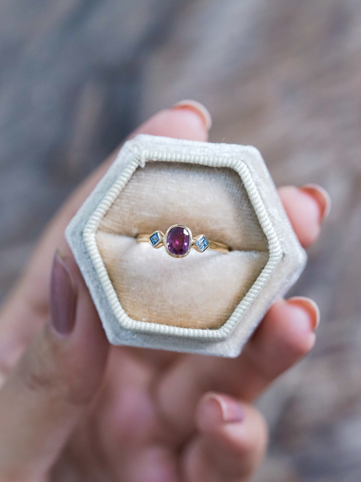 Pink and Blue Sapphire Ring in Ethical Gold - Gardens of the Sun | Ethical Jewelry