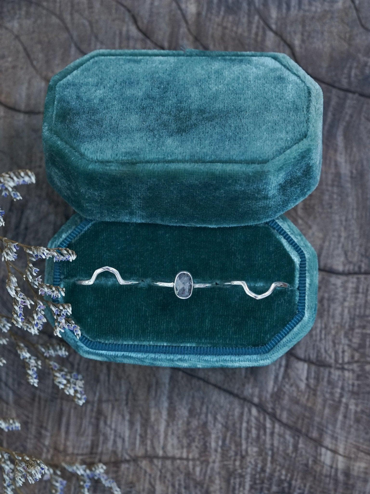 Rose Cut Oval Diamond Ring Set in Silver with Hexagon Bands - Gardens of the Sun | Ethical Jewelry