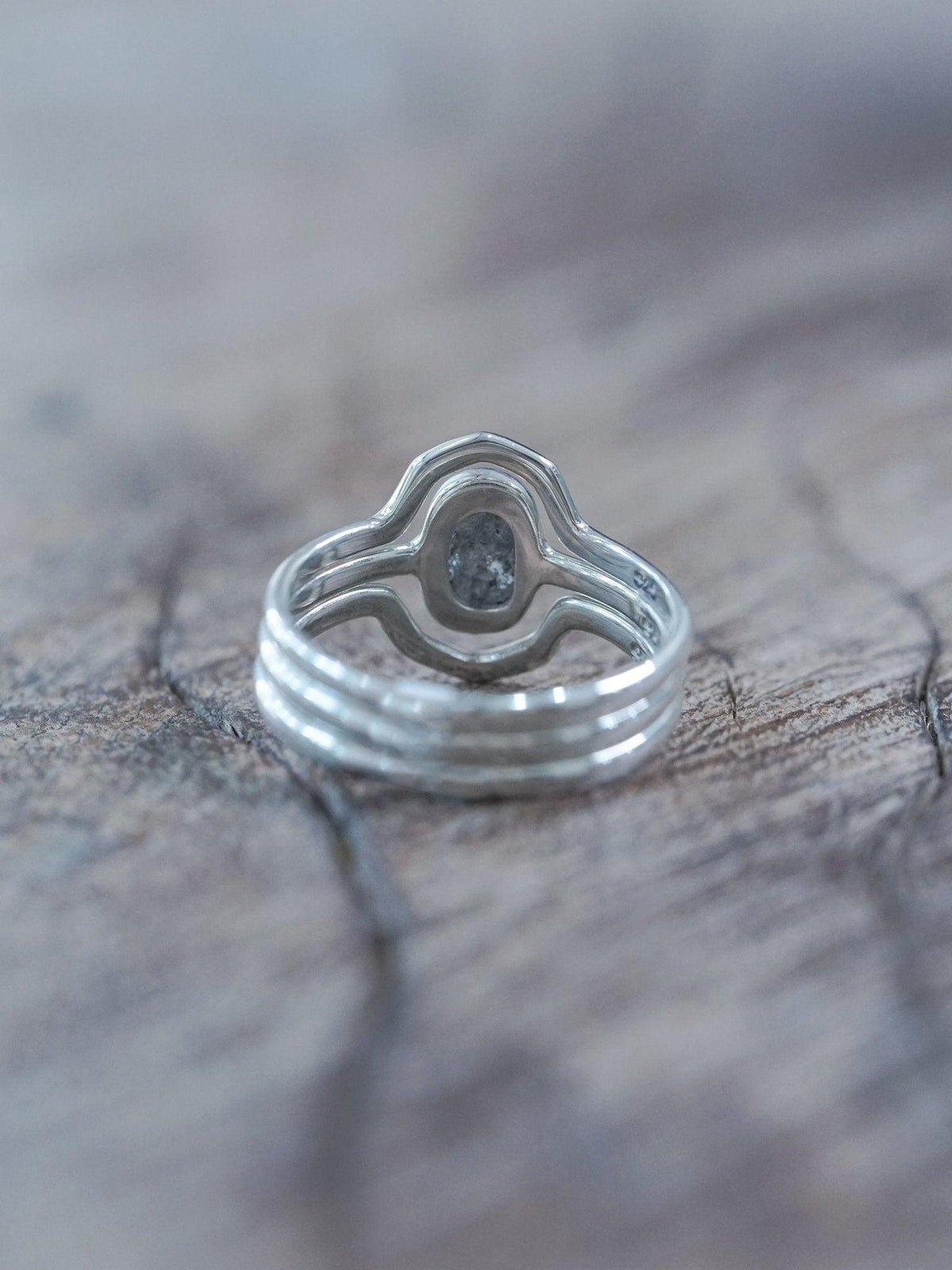 Rose Cut Oval Diamond Ring Set in Silver with Hexagon Bands - Gardens of the Sun | Ethical Jewelry