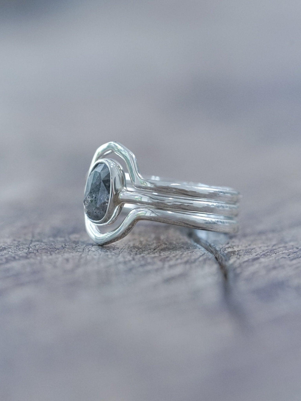 Rose Cut Oval Diamond Ring Set in Silver with Hexagon Bands - Gardens of the Sun | Ethical Jewelry