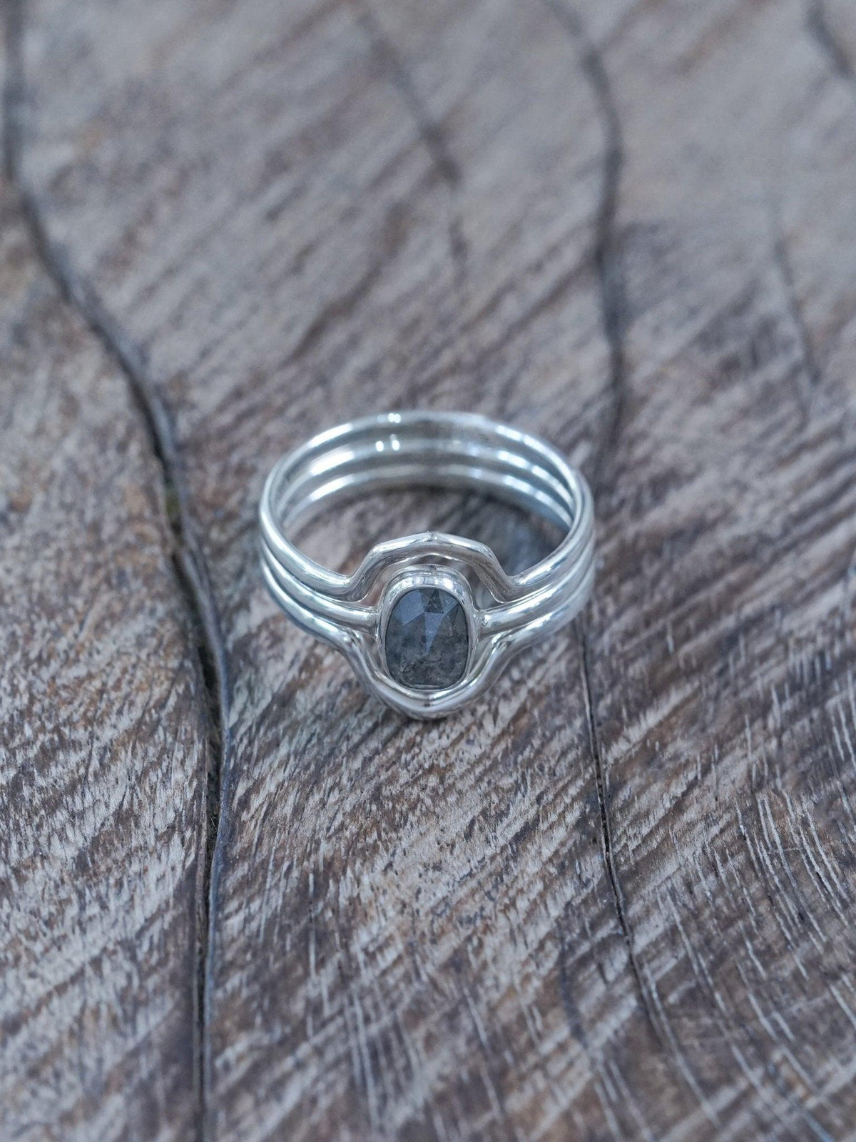 Rose Cut Oval Diamond Ring Set in Silver with Hexagon Bands - Gardens of the Sun | Ethical Jewelry