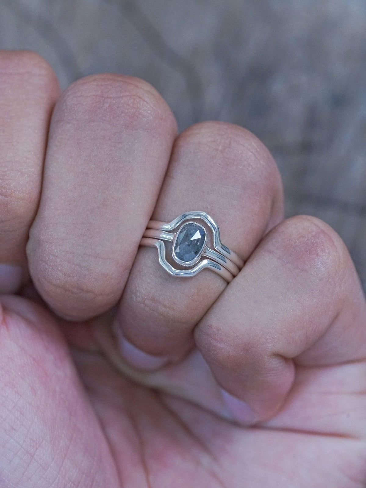 Rose Cut Oval Diamond Ring Set in Silver with Hexagon Bands - Gardens of the Sun | Ethical Jewelry