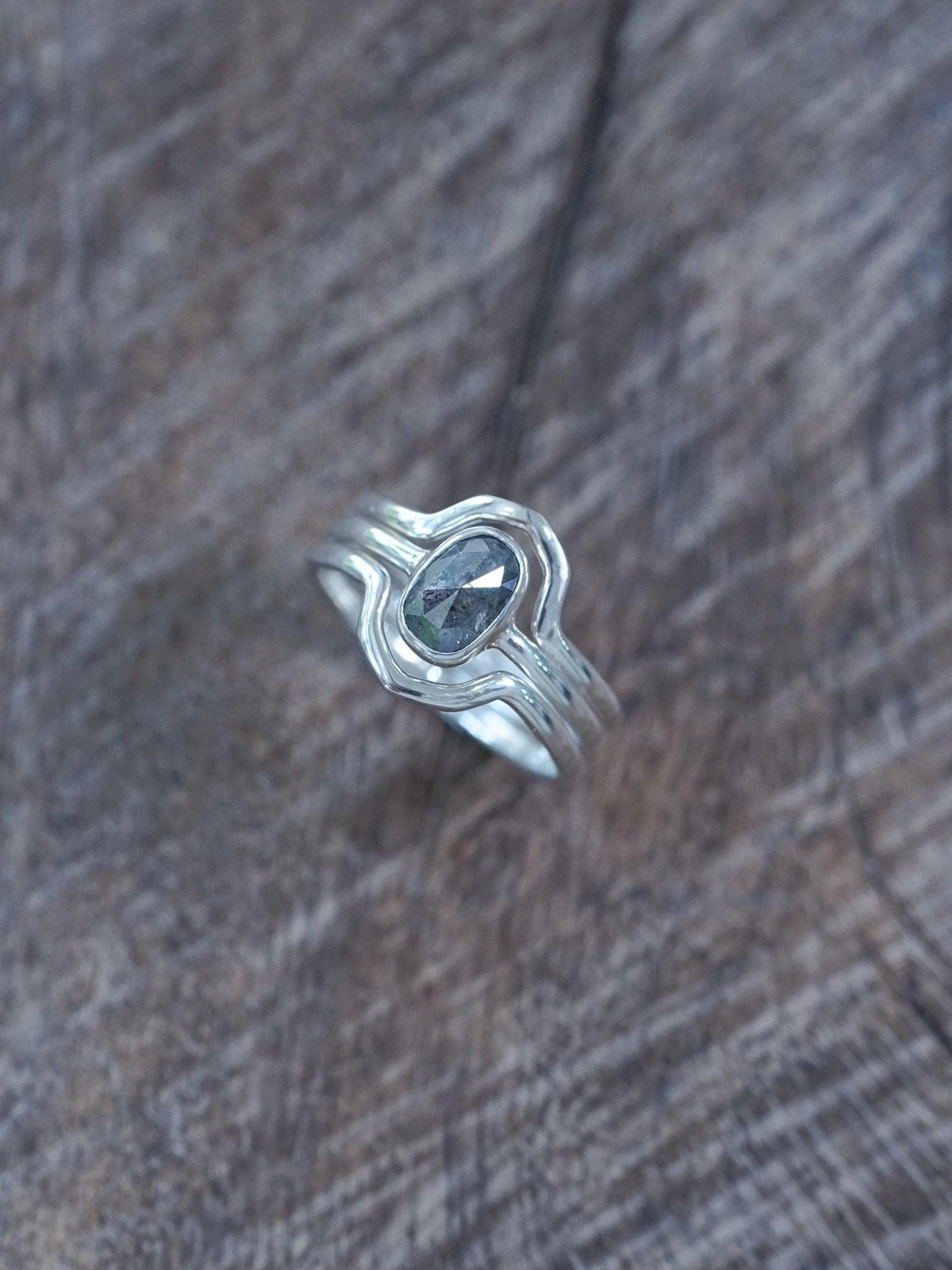 Rose Cut Oval Diamond Ring Set in Silver with Hexagon Bands - Gardens of the Sun | Ethical Jewelry