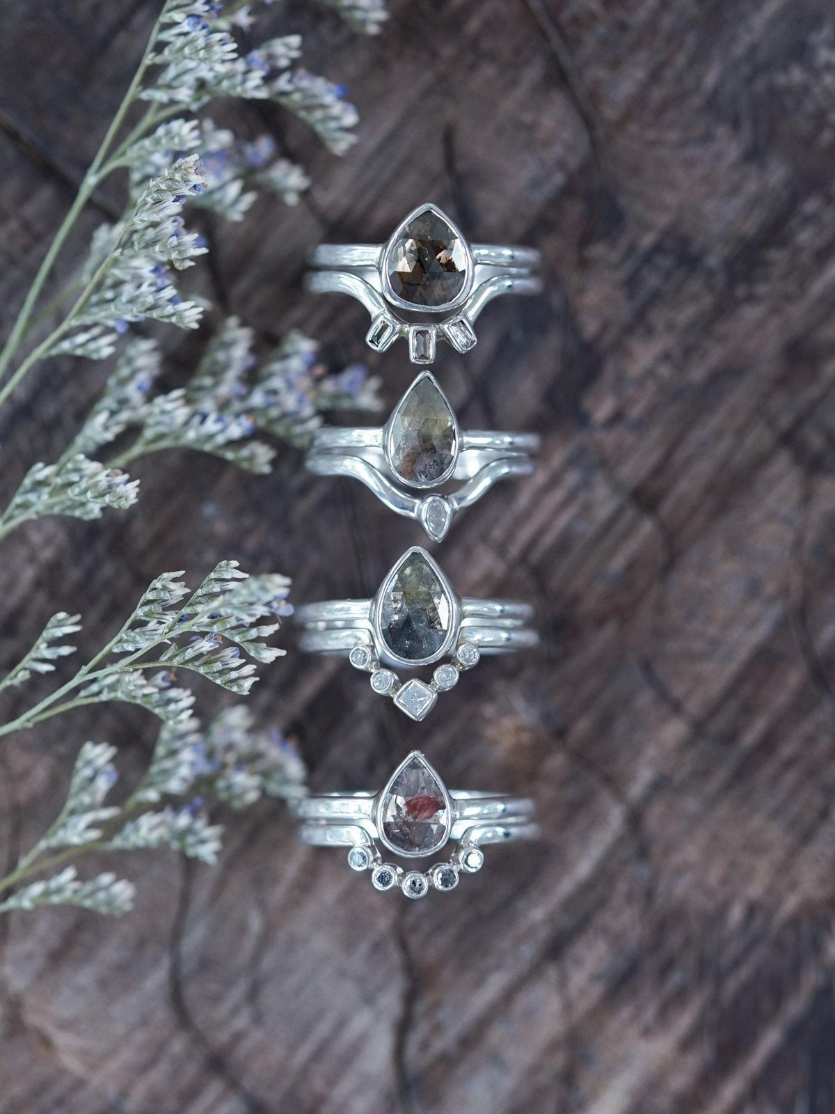 Rose Cut Pear Diamond Ring Set - Gardens of the Sun | Ethical Jewelry